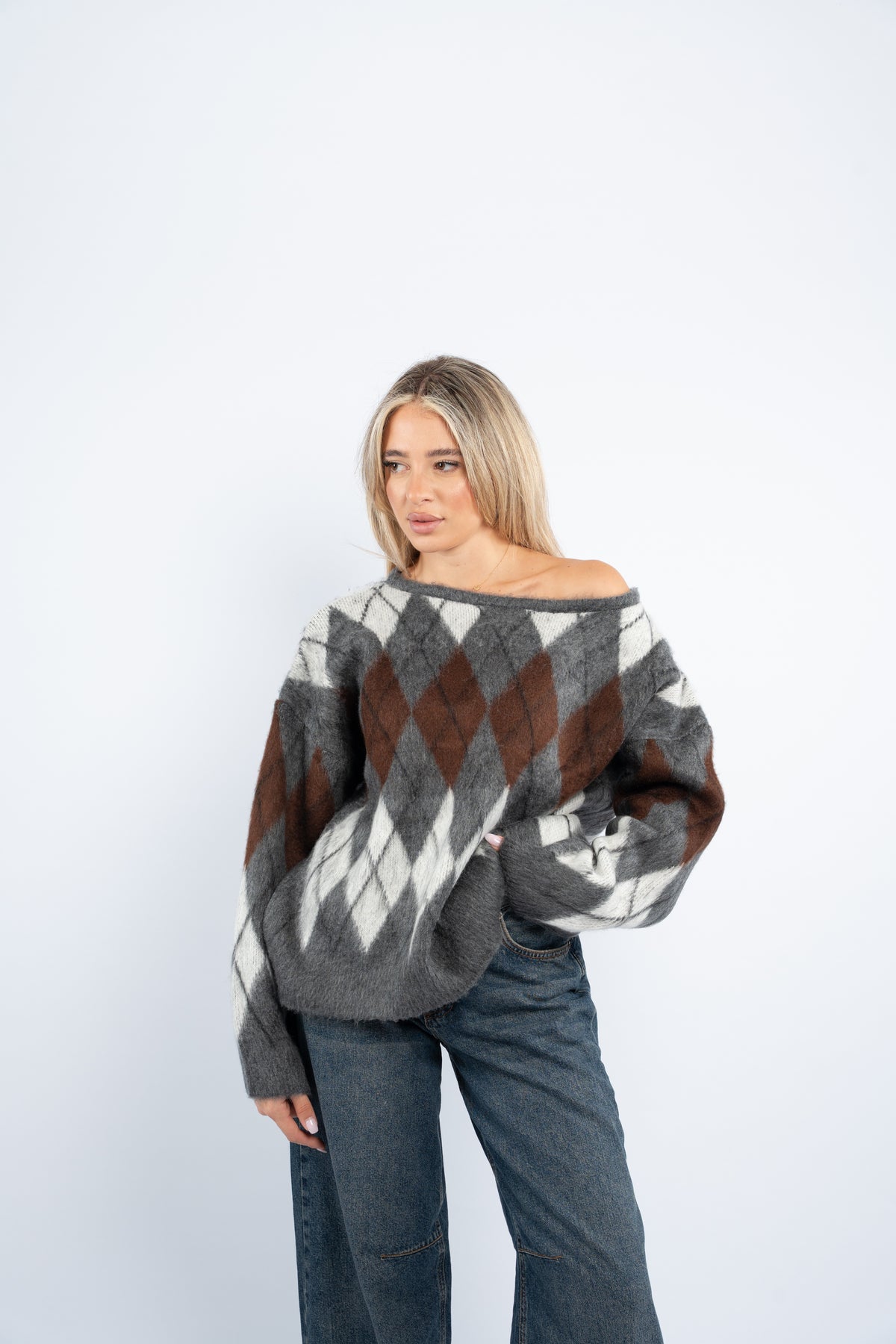 Fuzzy argyle sweater