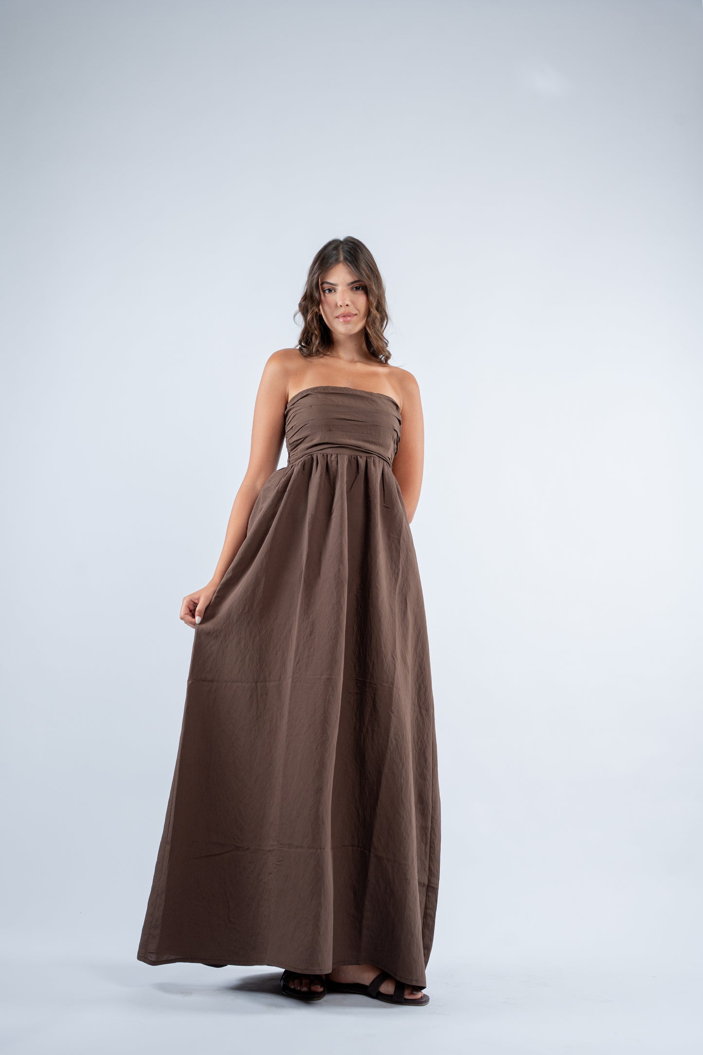 Ruched strapless maxi dress
