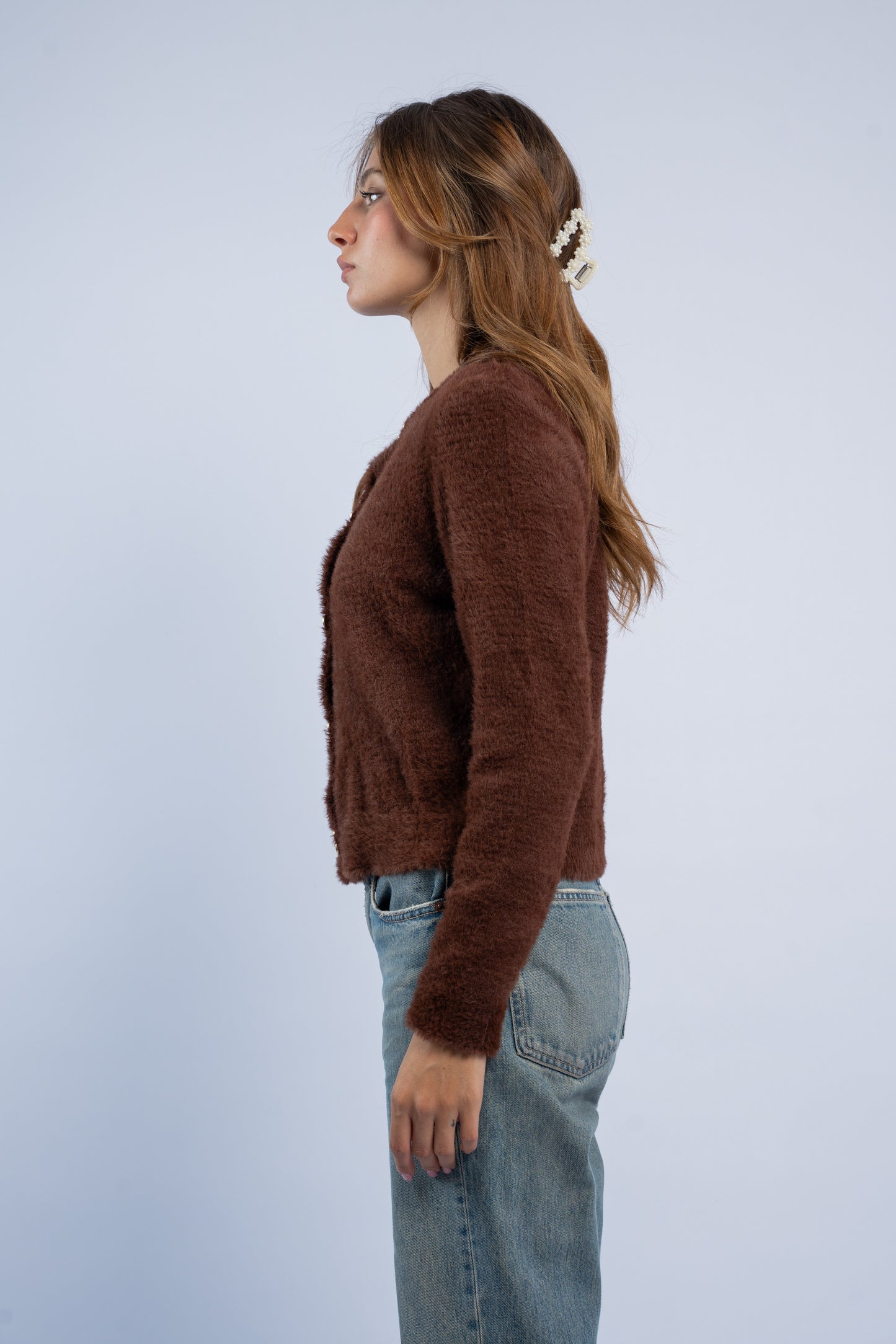 Brown knit cardigan with heart shaped buttons