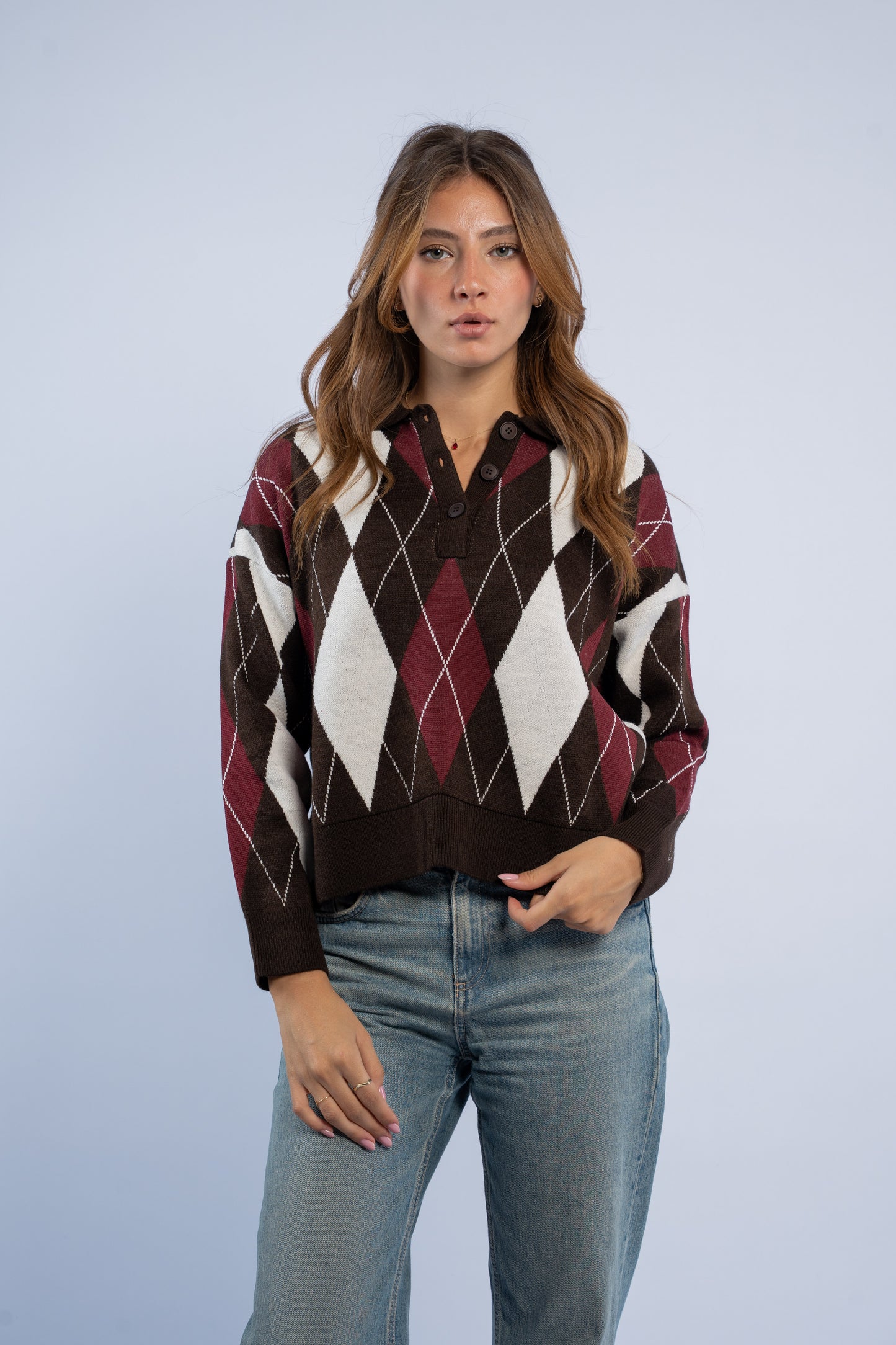 Argyle polo neck wool top