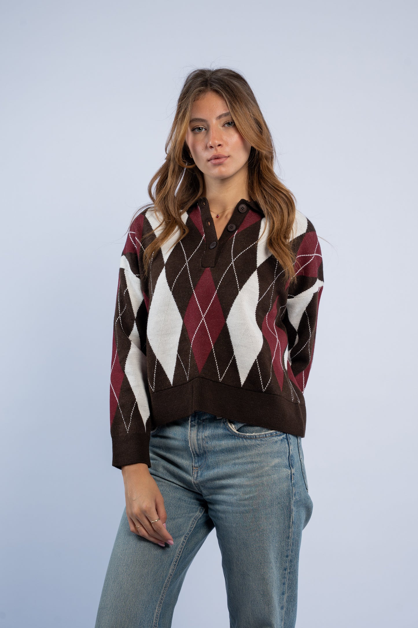 Argyle polo neck wool top