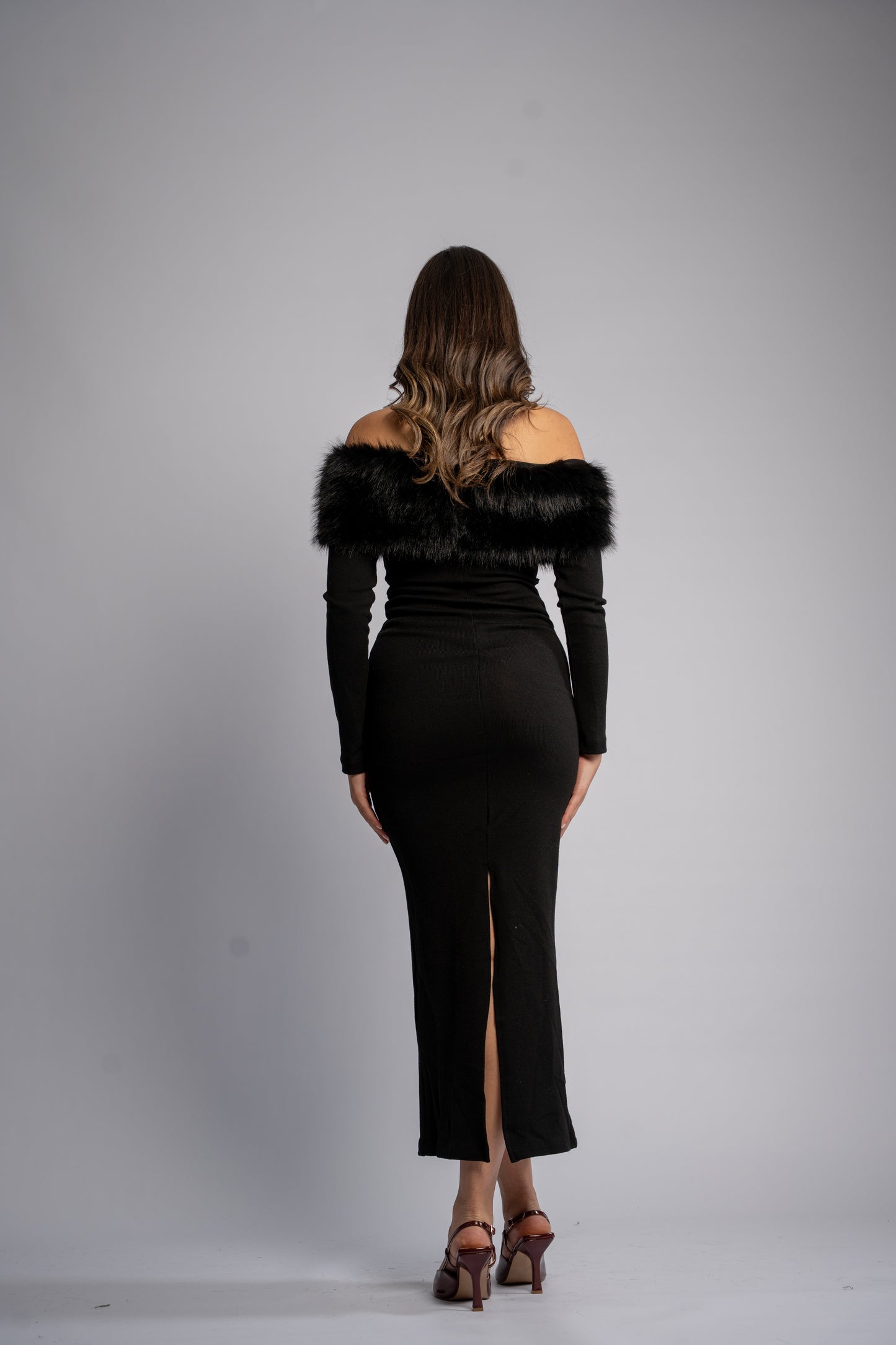 Off- shoulder fur dress