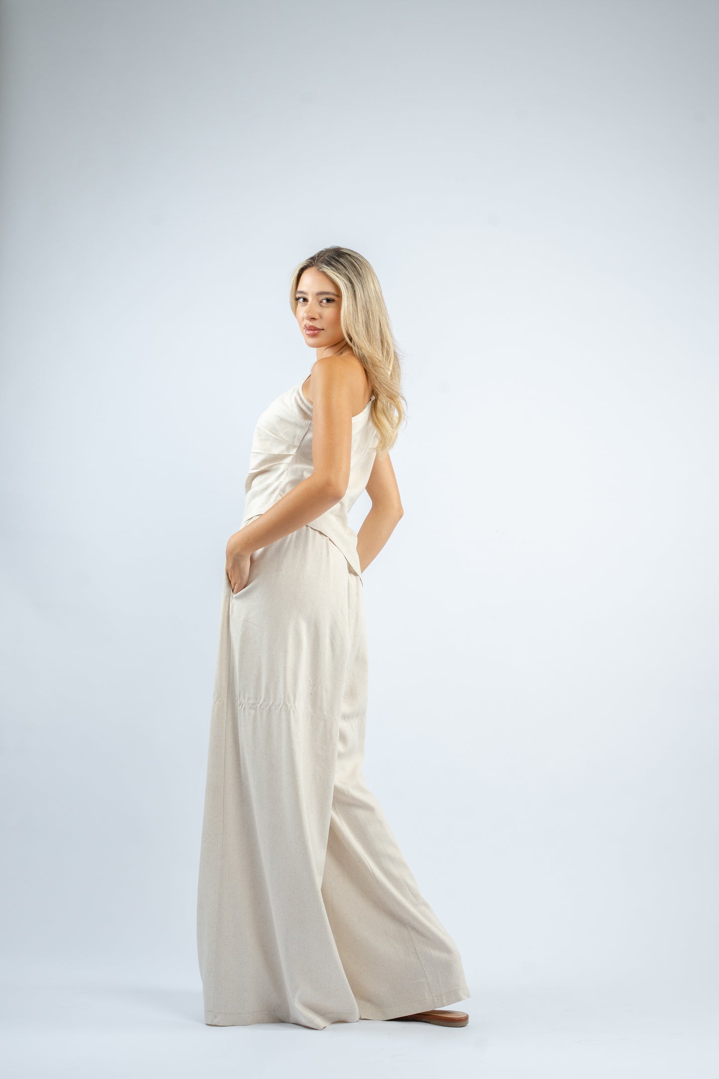 One shoulder linen set