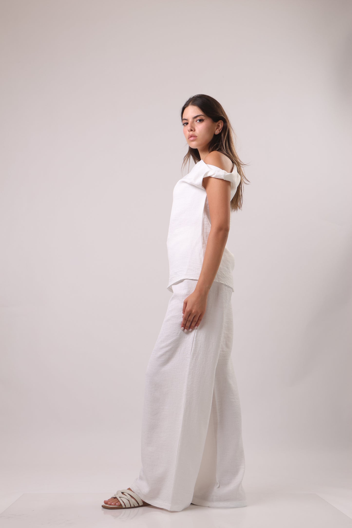 Off shoulder sleeve linen set