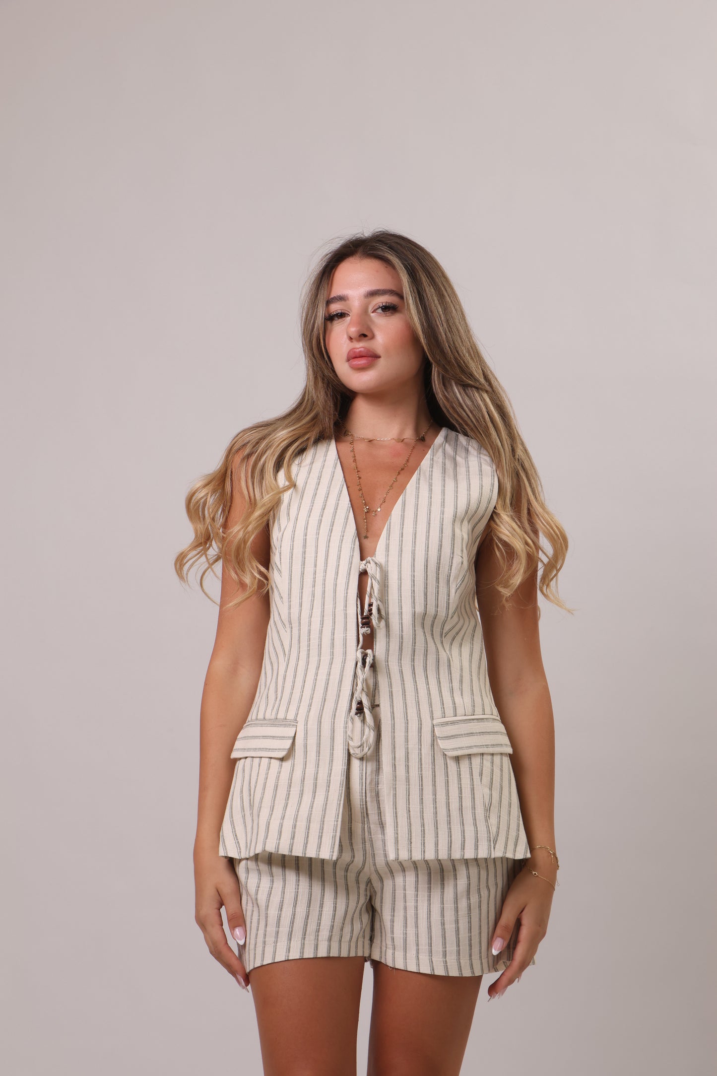 Linen short open vest set