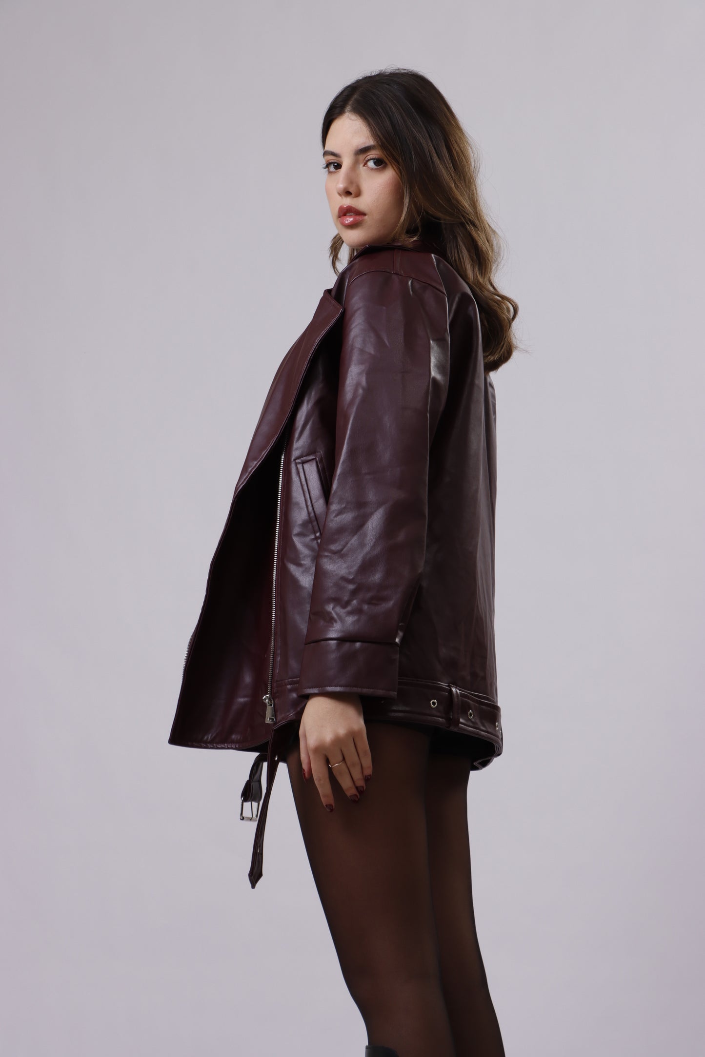 Oversized burgundy leather jacket