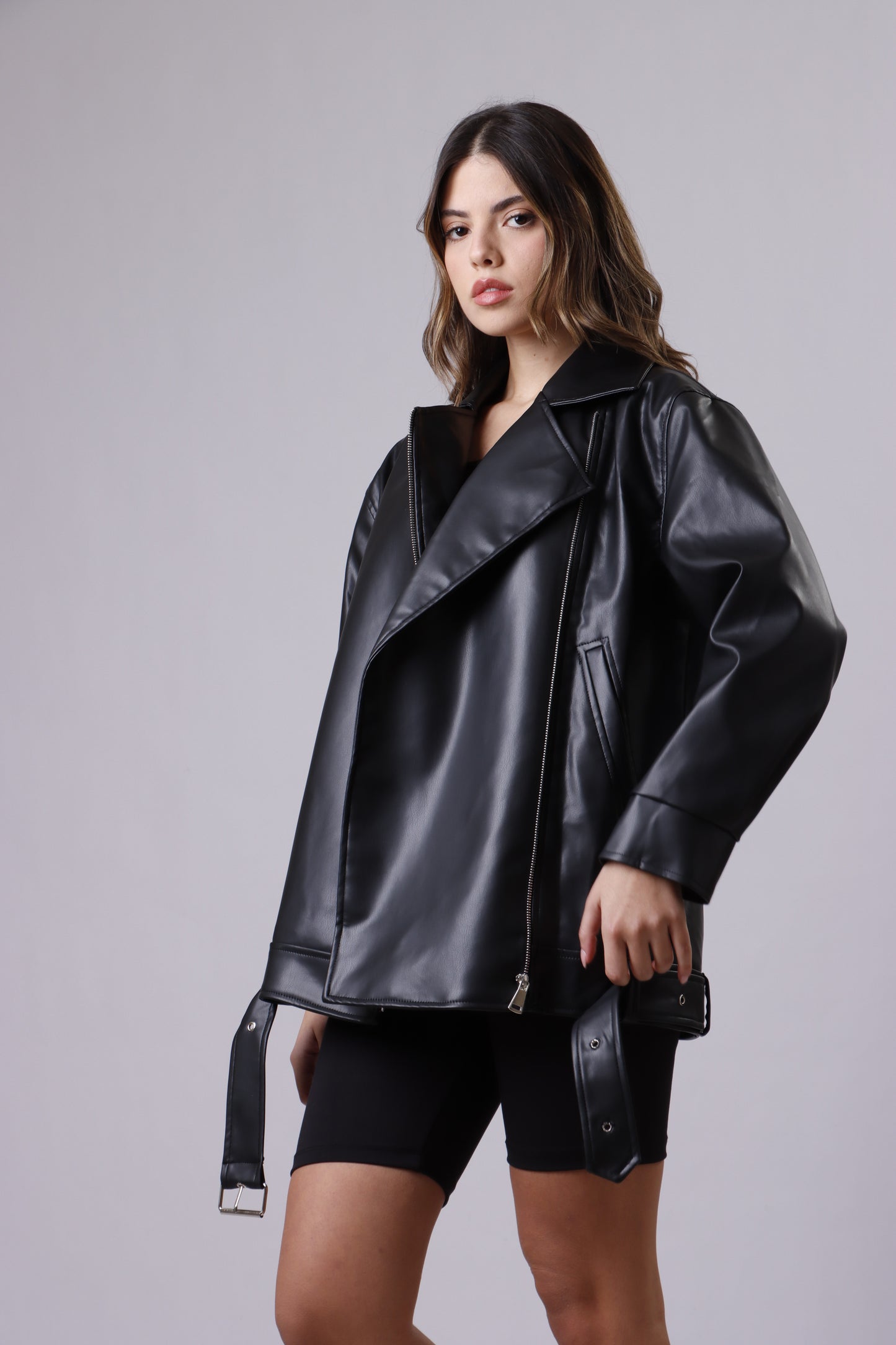 Oversized leather biker jacket
