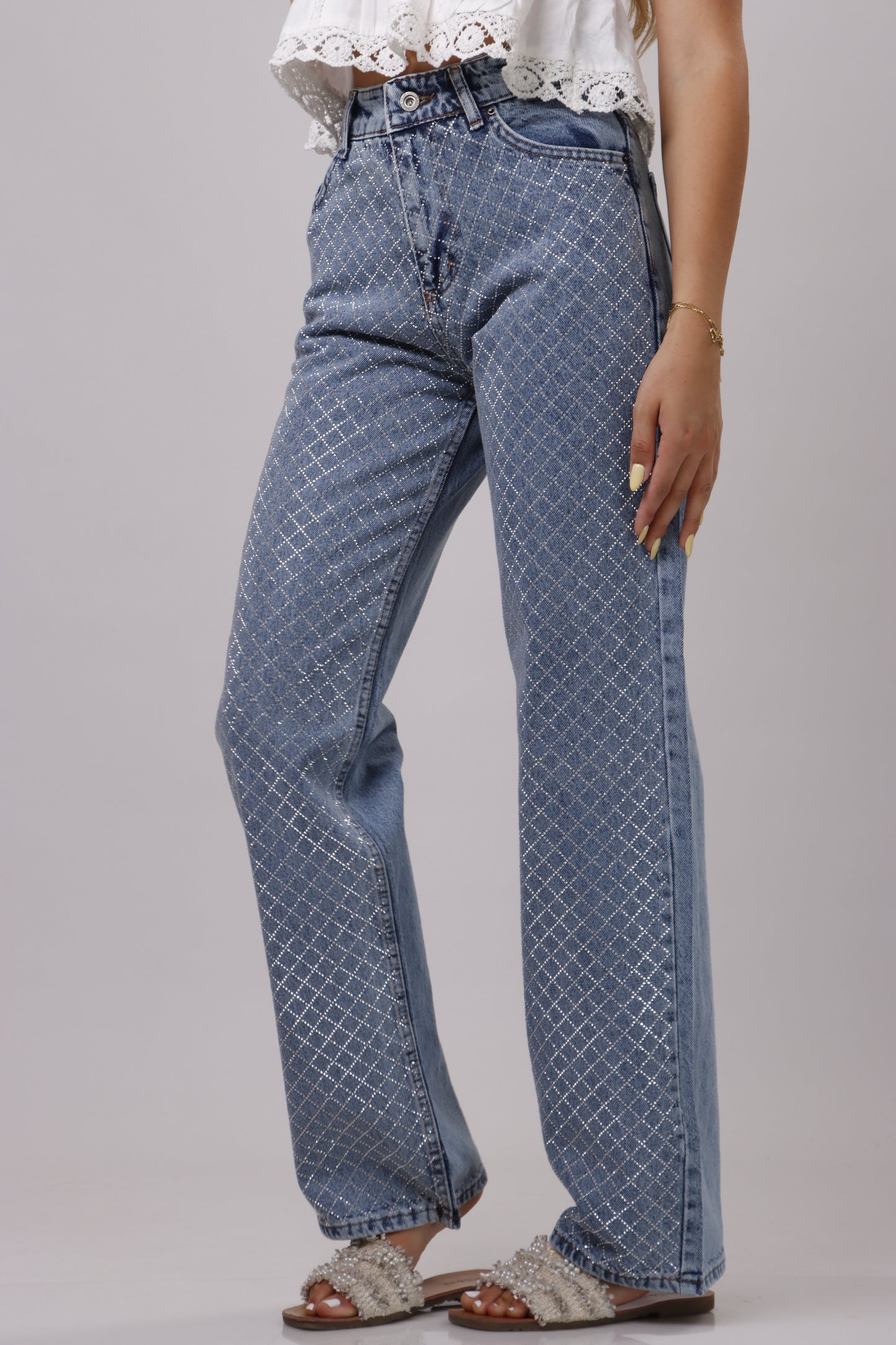 Rhinestone straight cut jeans