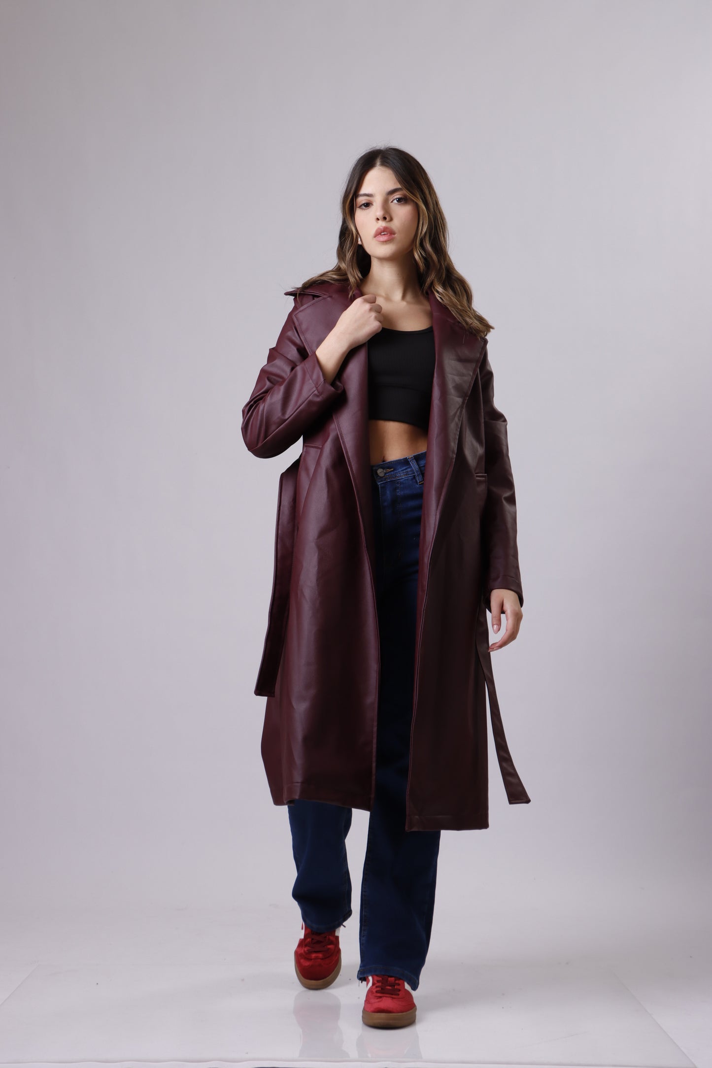 Leather belted coat