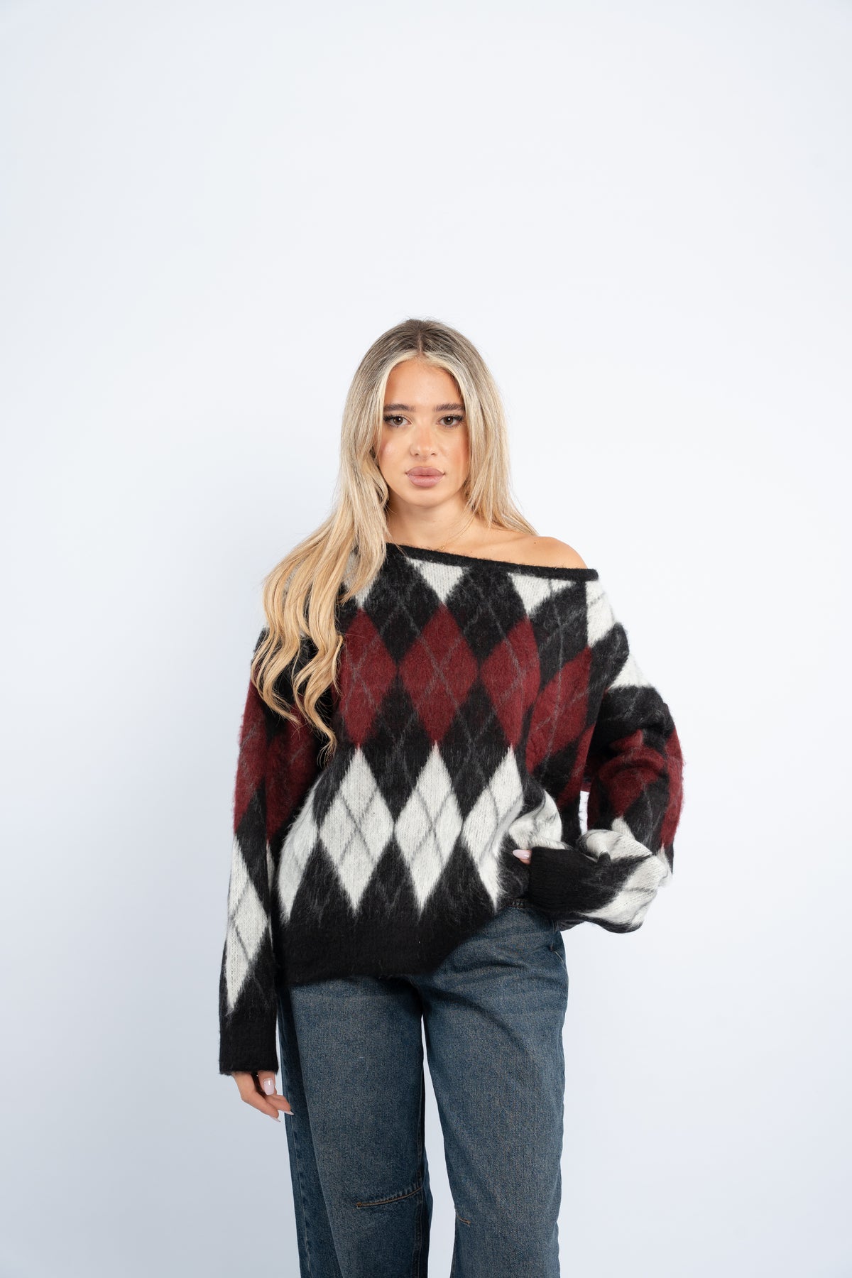 Fuzzy argyle sweater