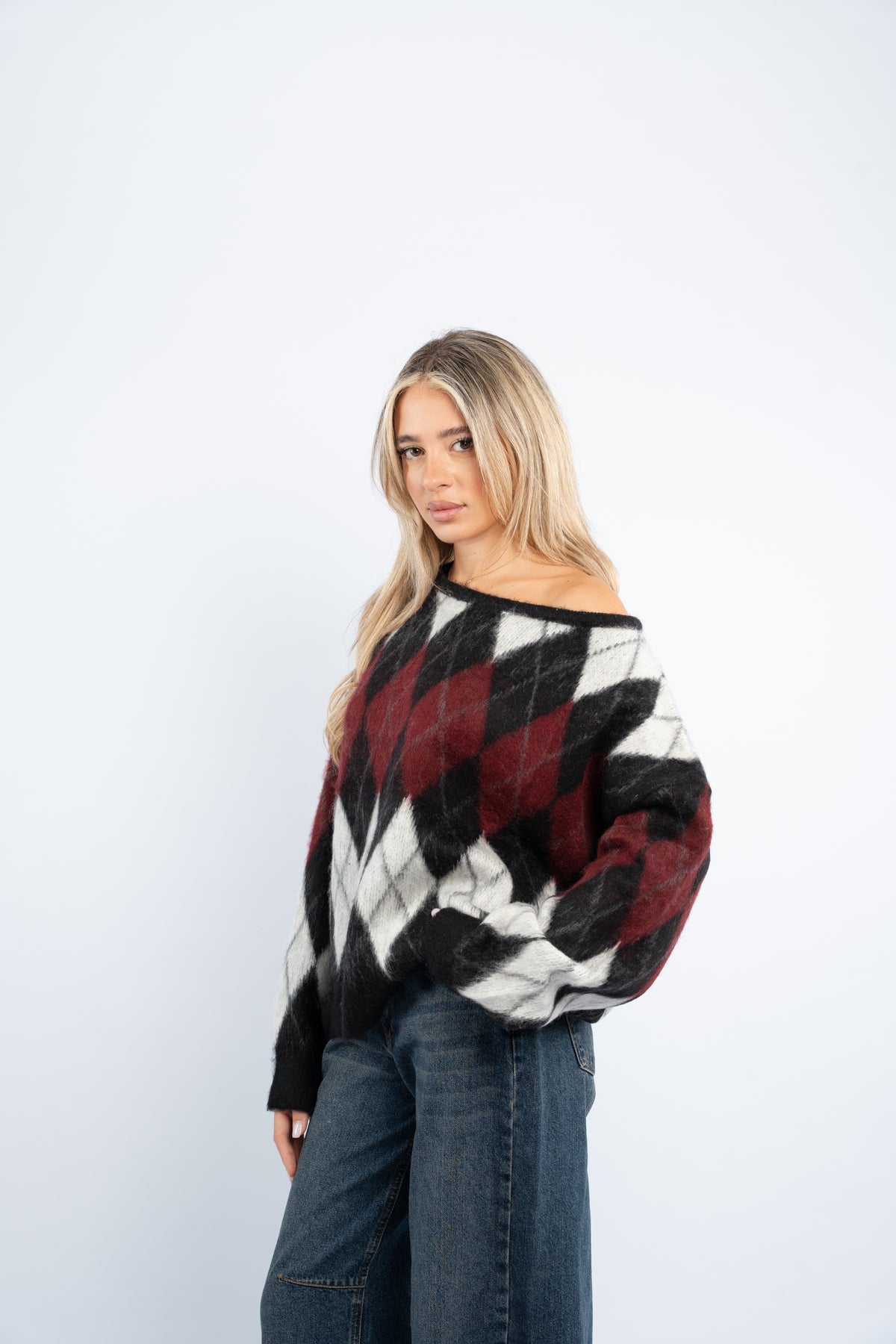 Fuzzy argyle sweater
