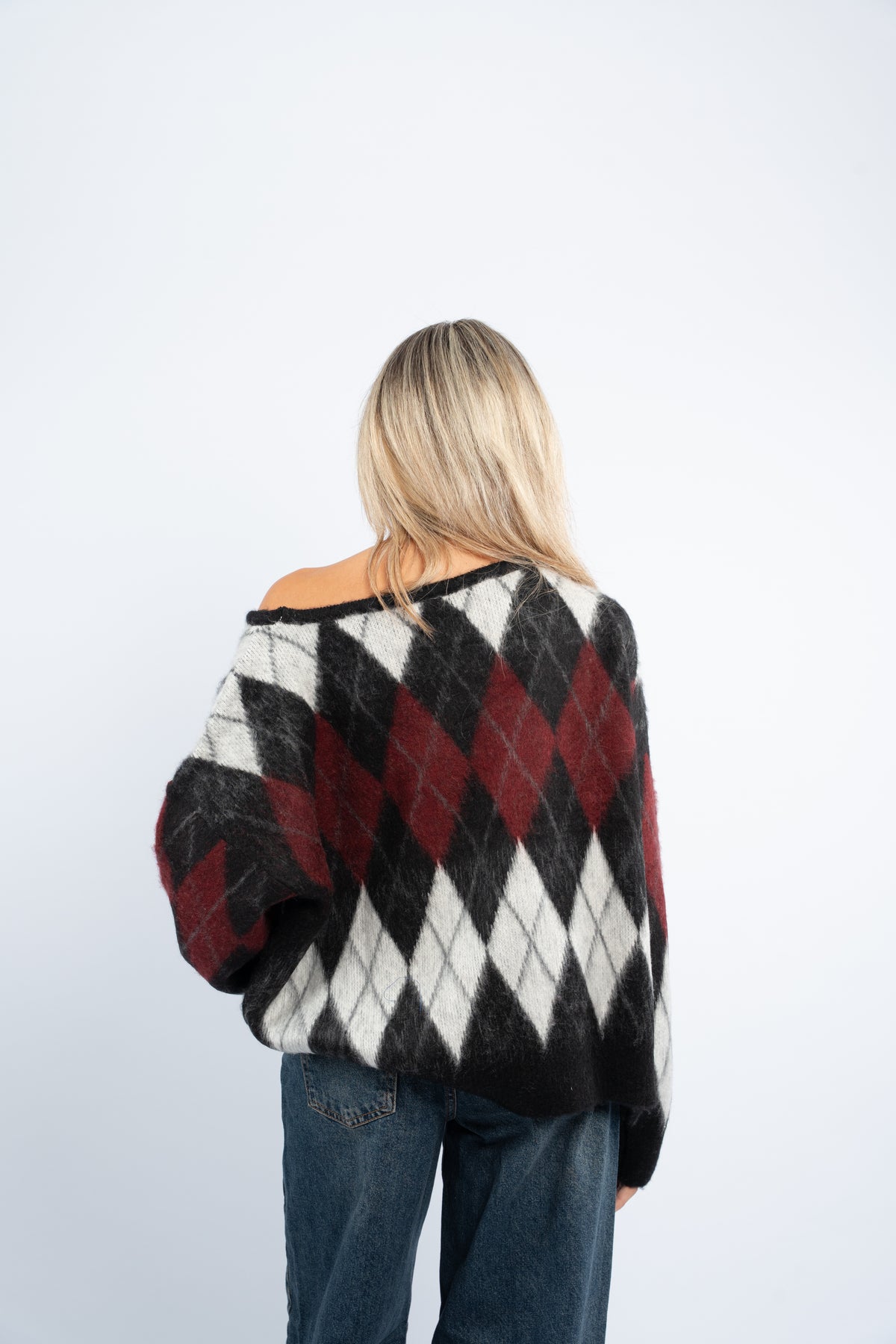 Fuzzy argyle sweater