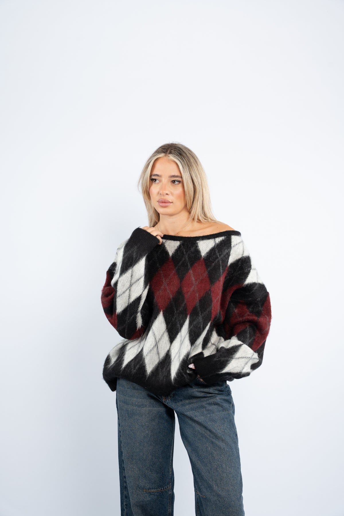 Fuzzy argyle sweater