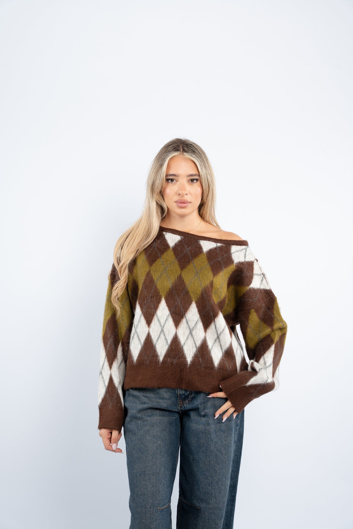 Fuzzy argyle sweater