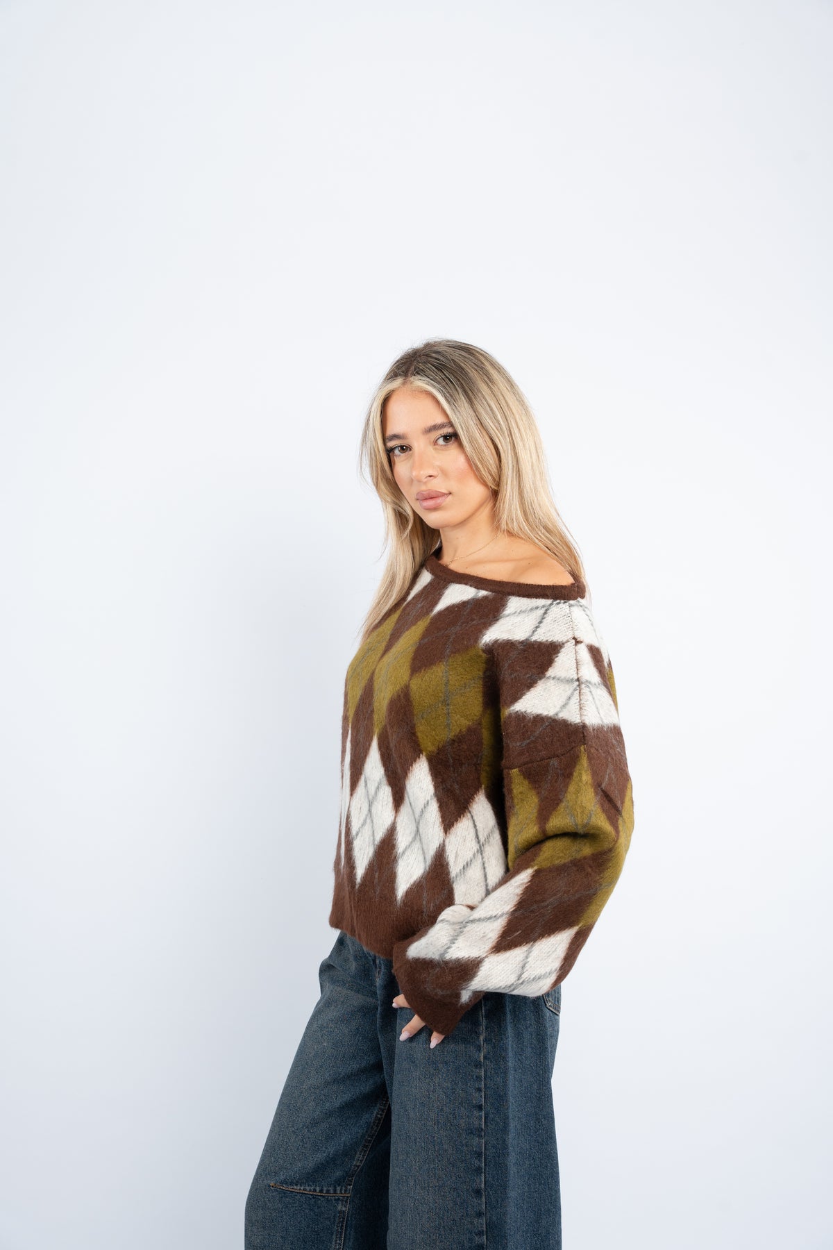 Fuzzy argyle sweater