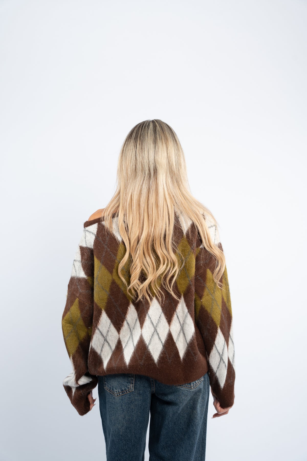 Fuzzy argyle sweater