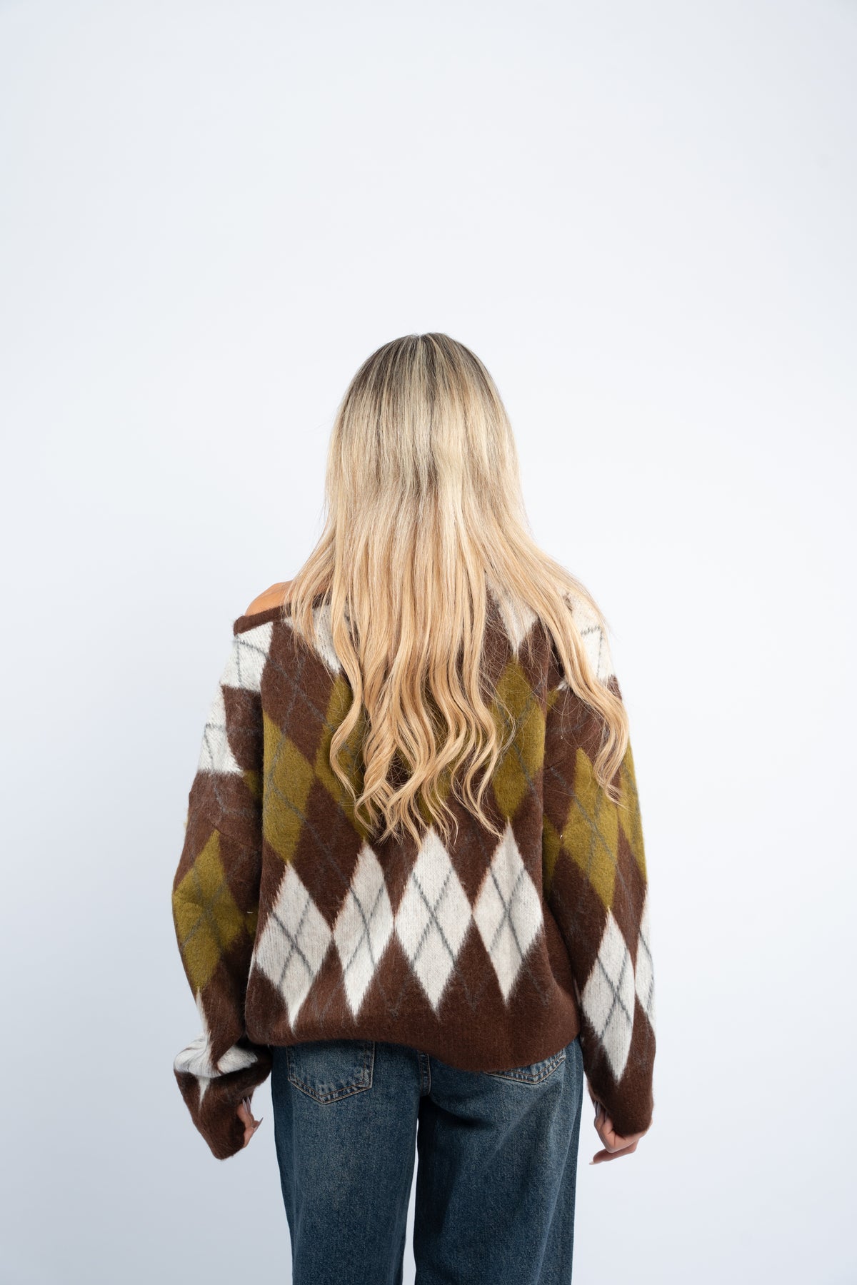 Fuzzy argyle sweater