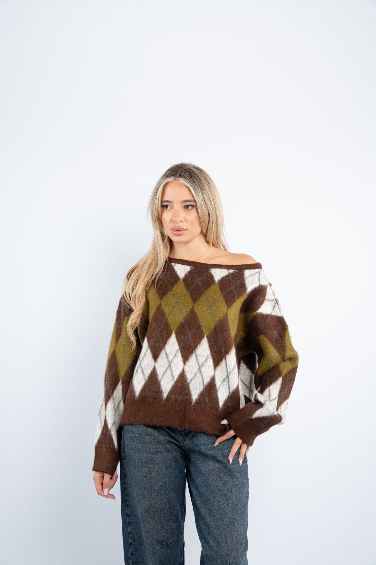 Fuzzy argyle sweater