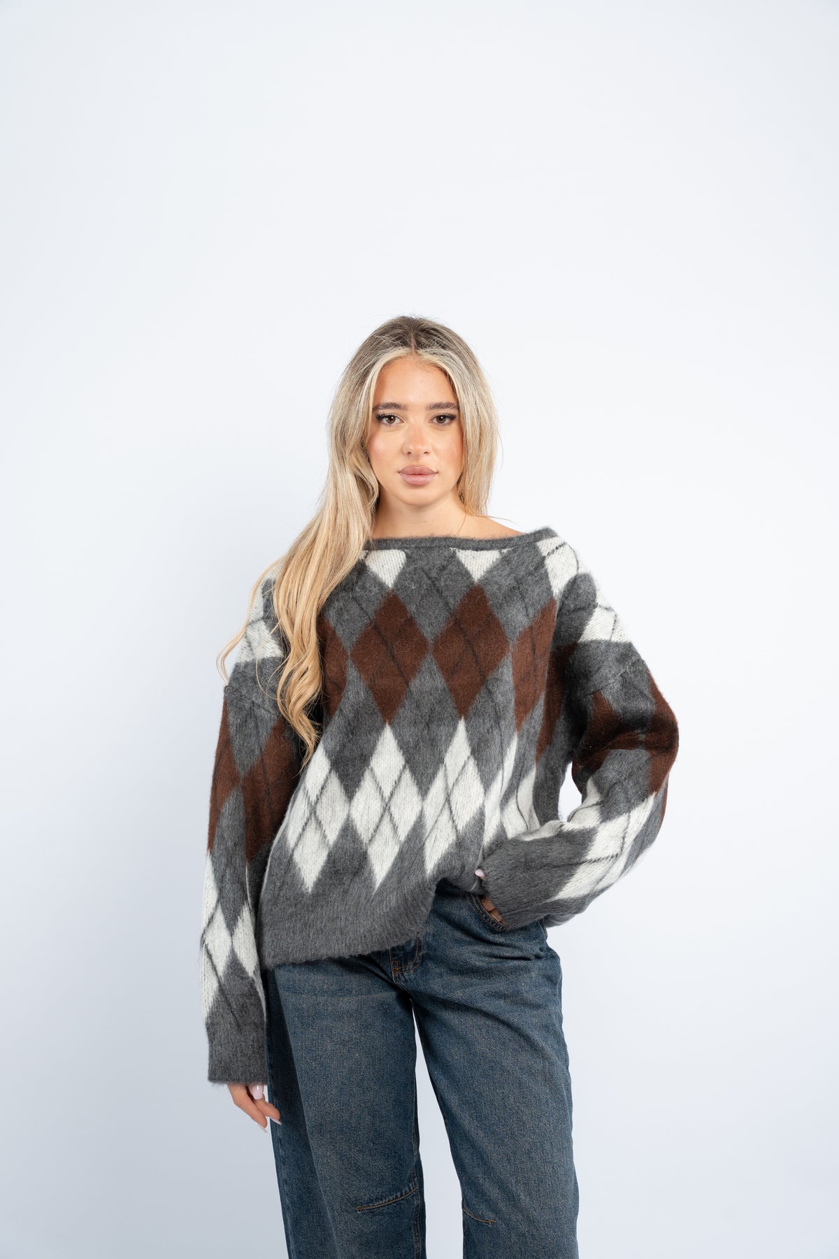 Fuzzy argyle sweater