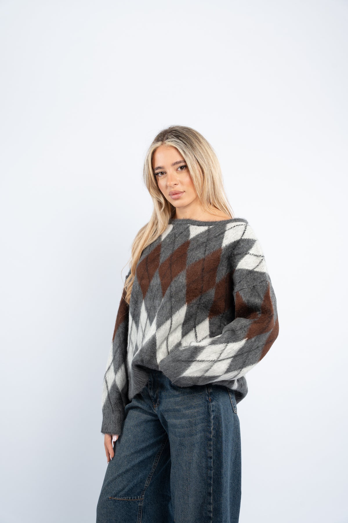 Fuzzy argyle sweater