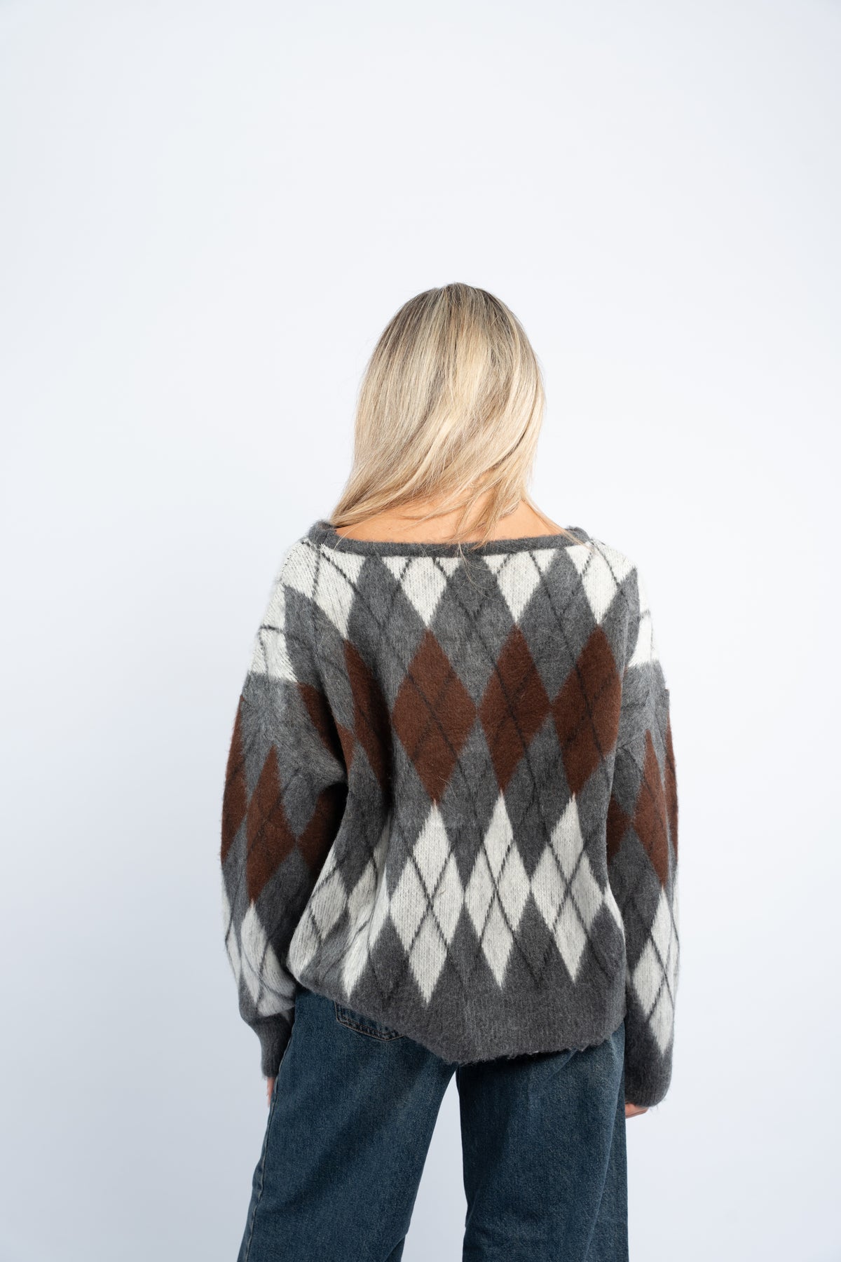 Fuzzy argyle sweater