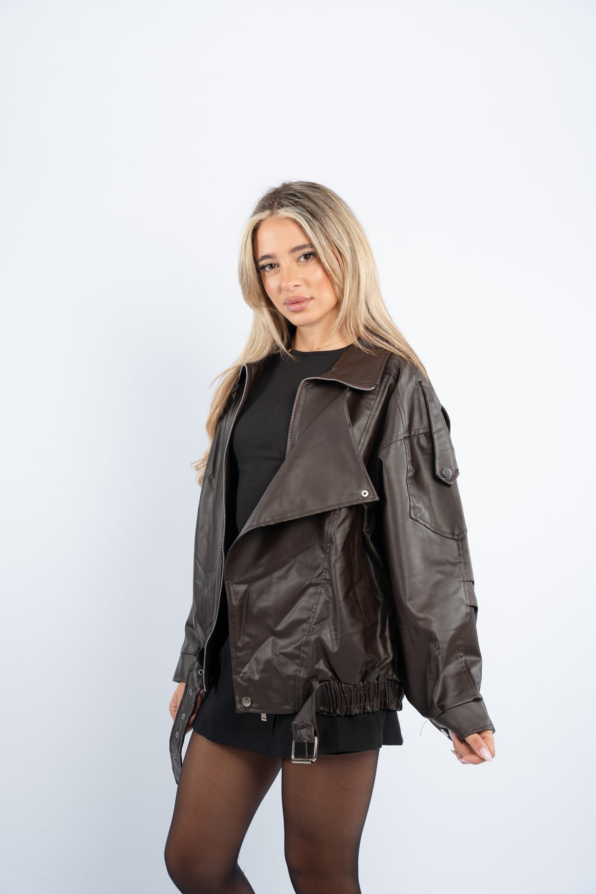 Belted leather jacket