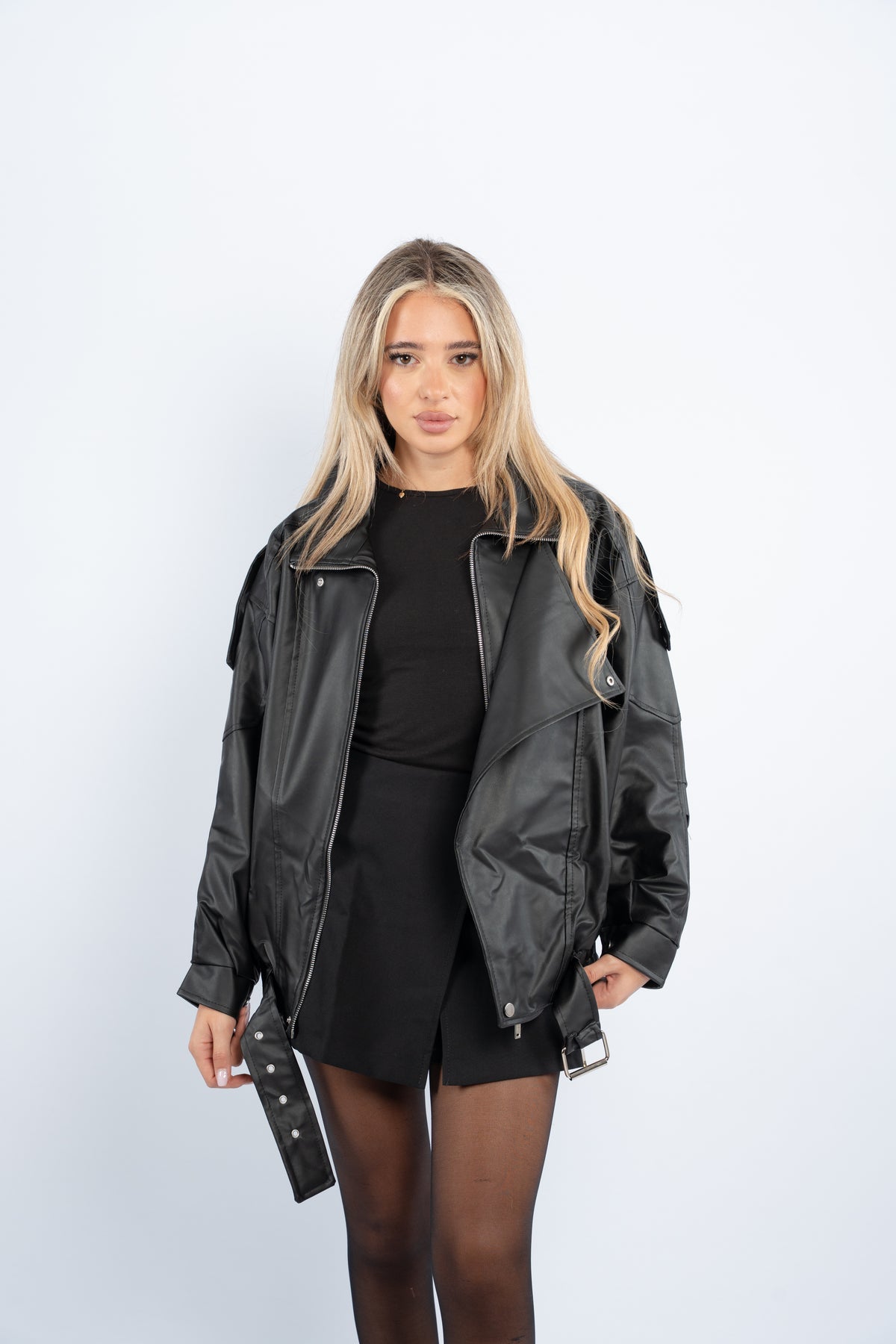 Belted leather jacket