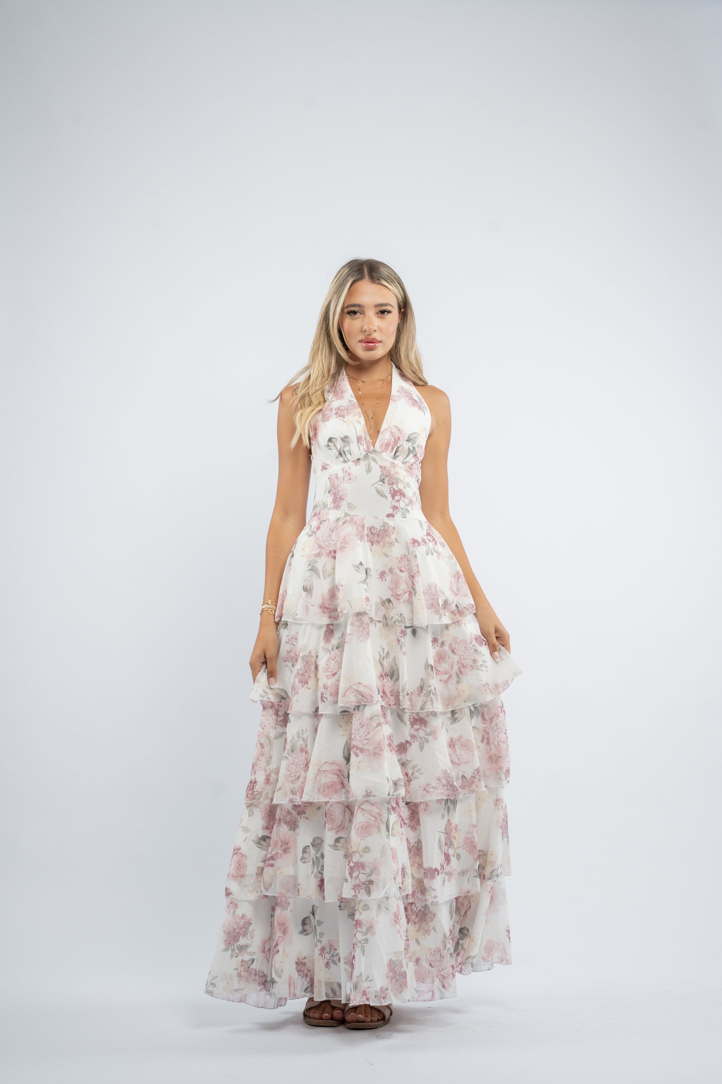 Floral halter ruffle dress