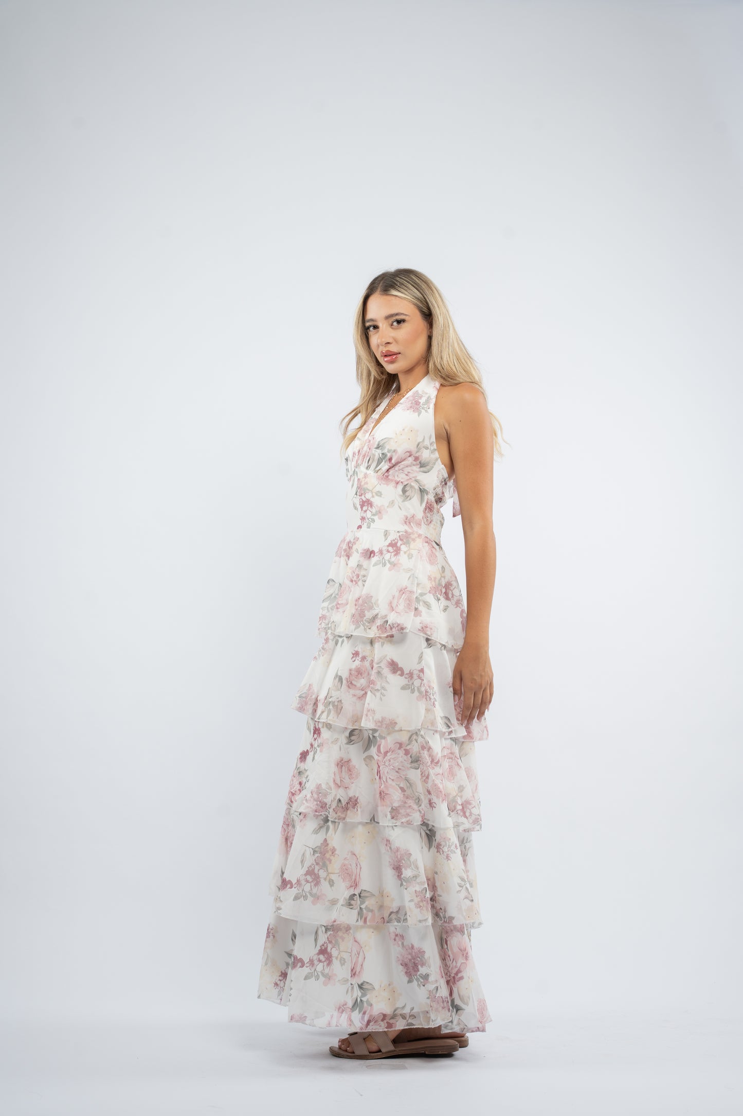 Floral halter ruffle dress
