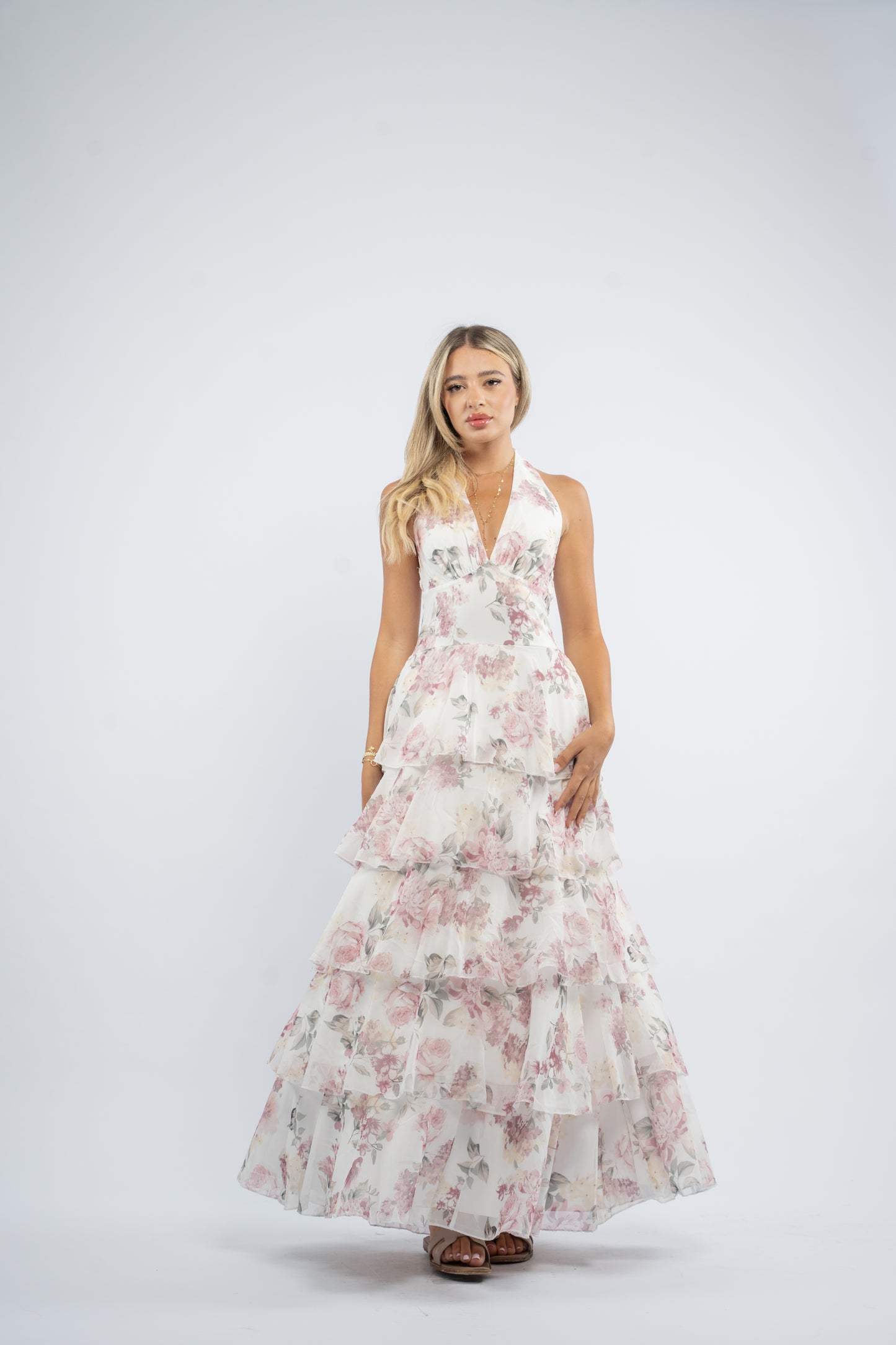 Floral halter ruffle dress