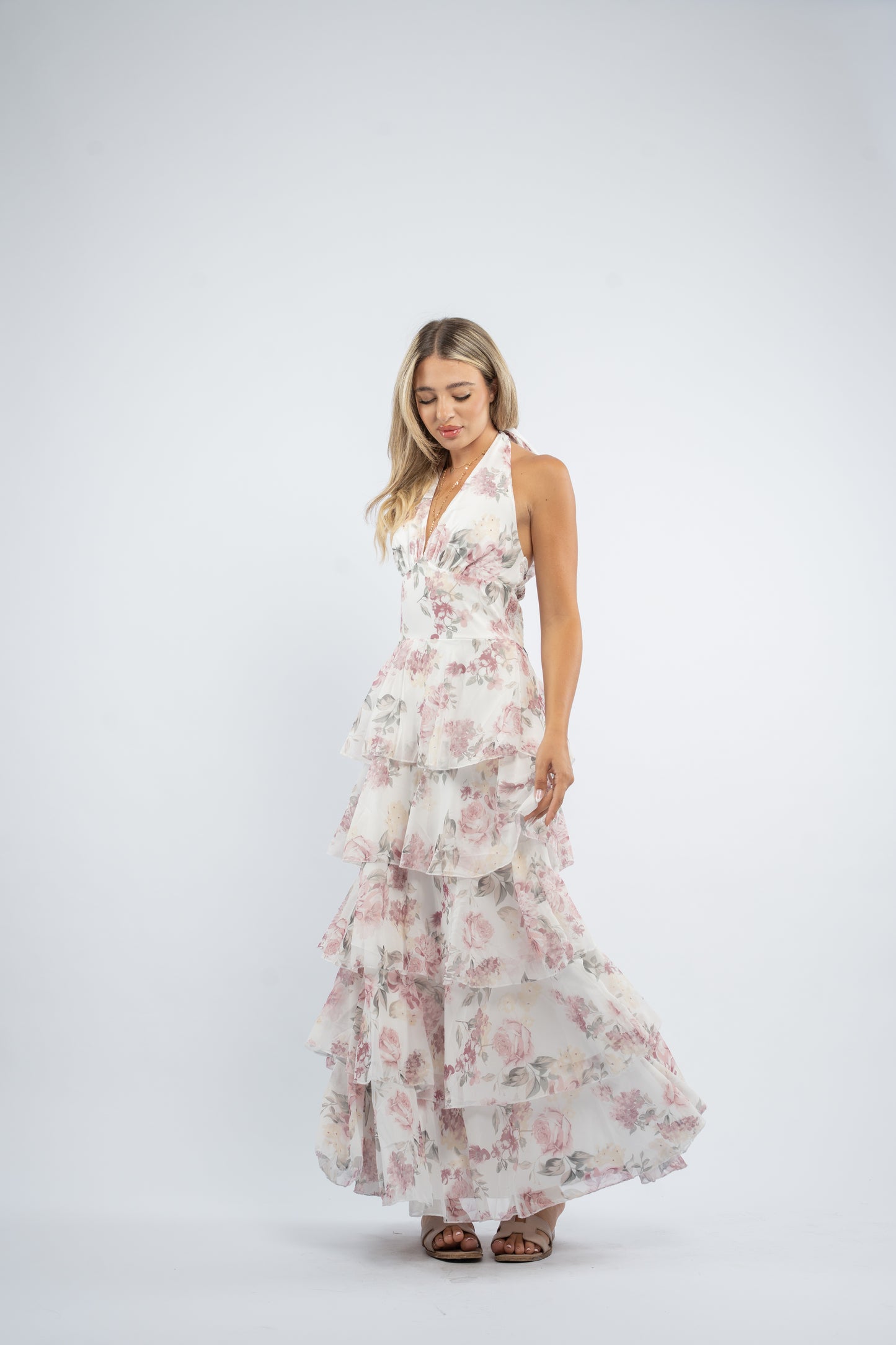 Floral halter ruffle dress