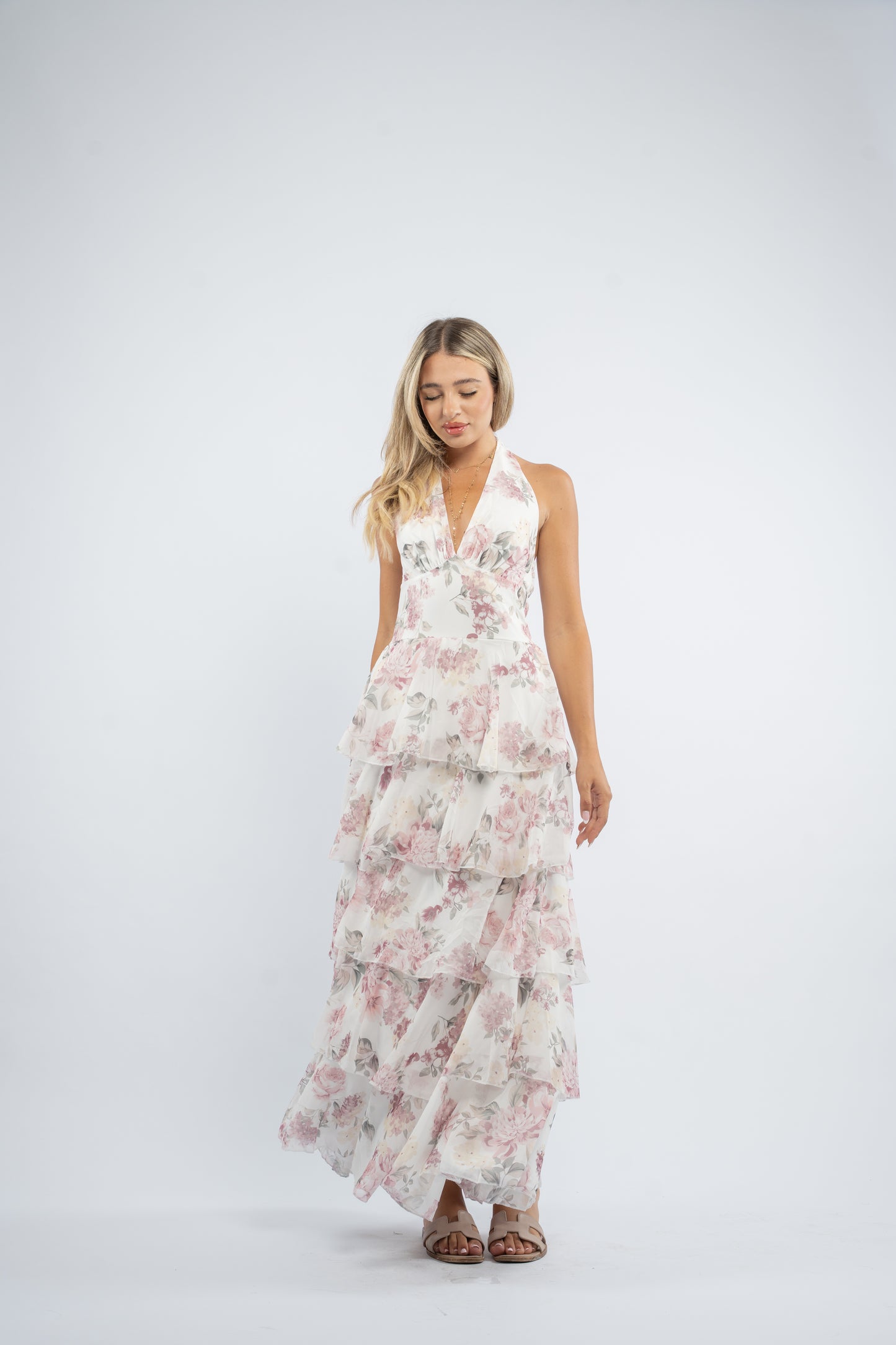 Floral halter ruffle dress