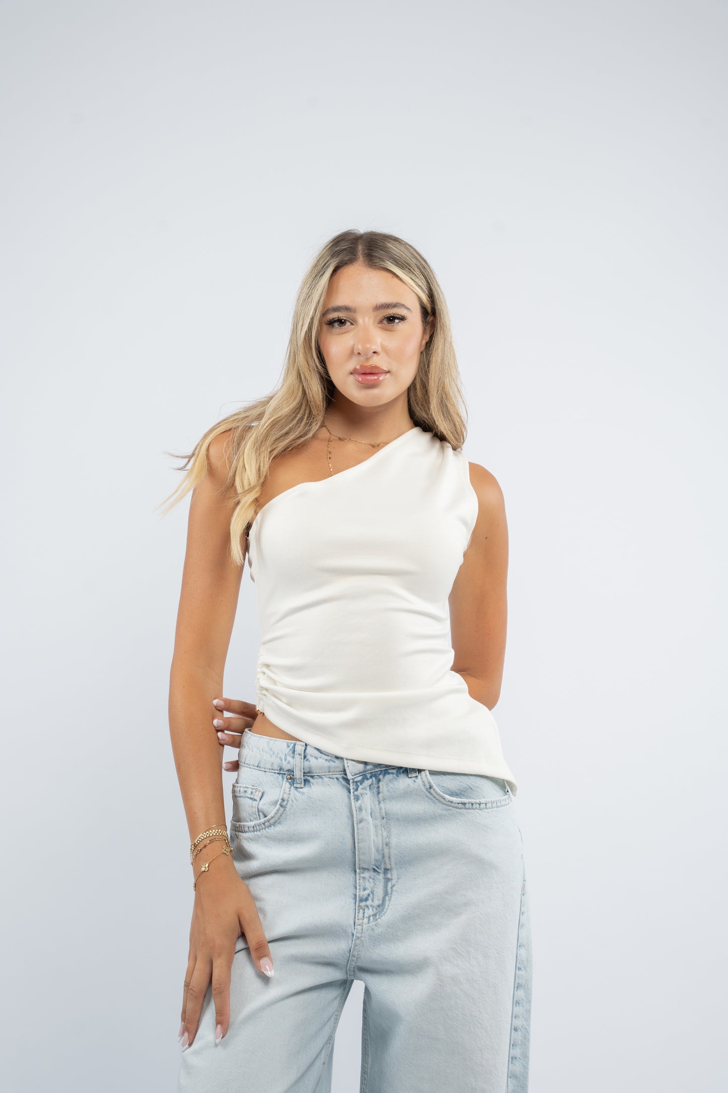 Gold button one-shoulder top