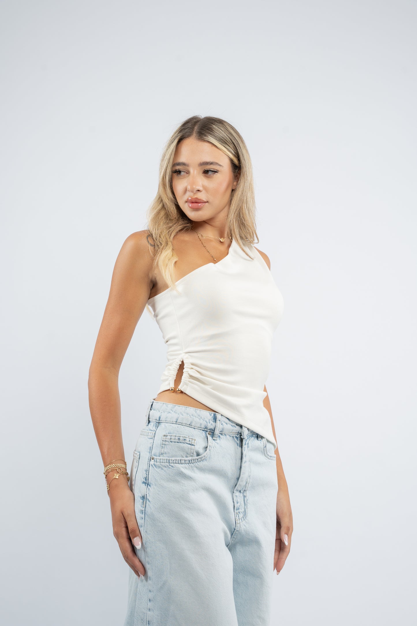 Gold button one-shoulder top