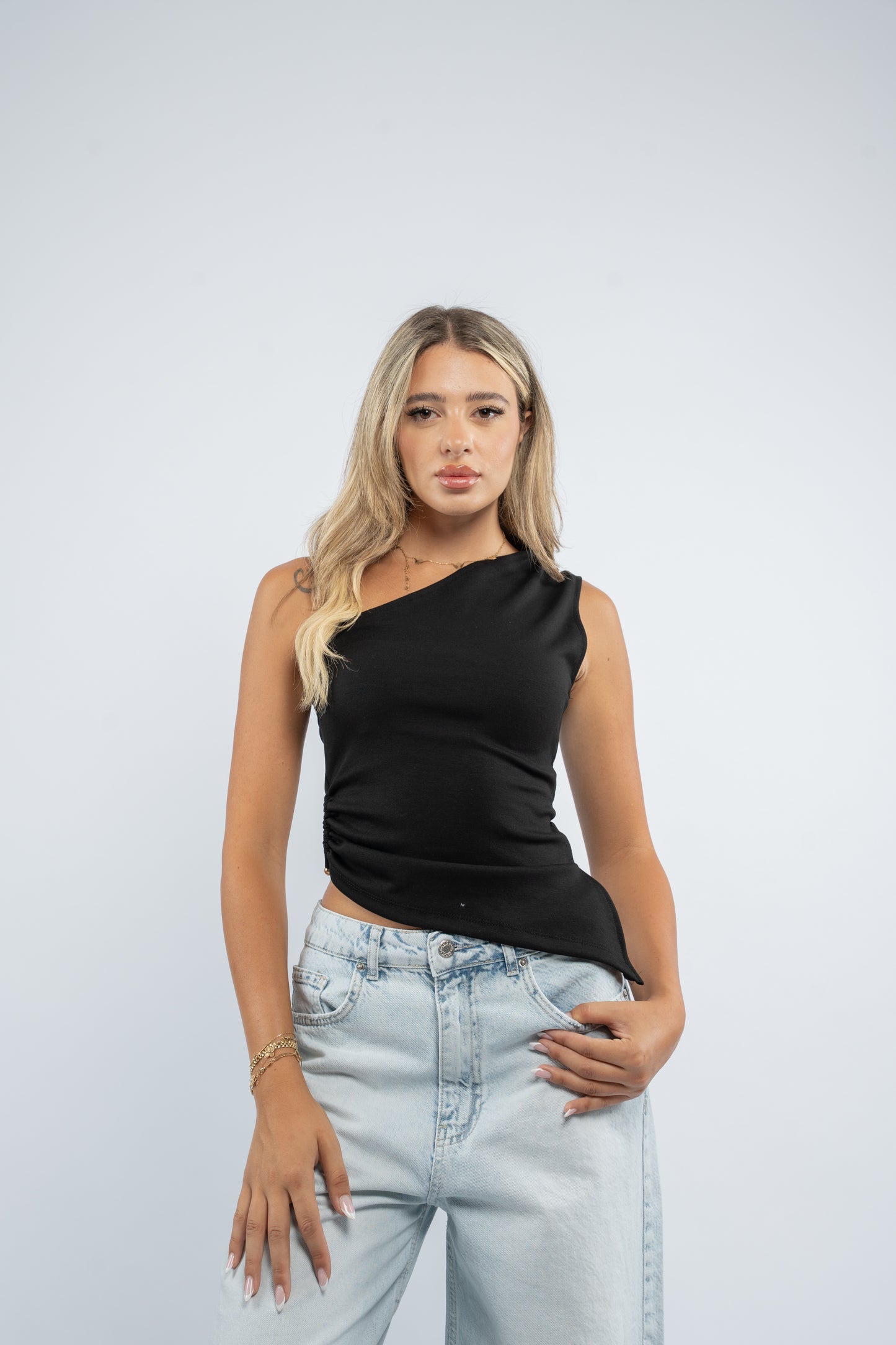 Gold button one-shoulder top