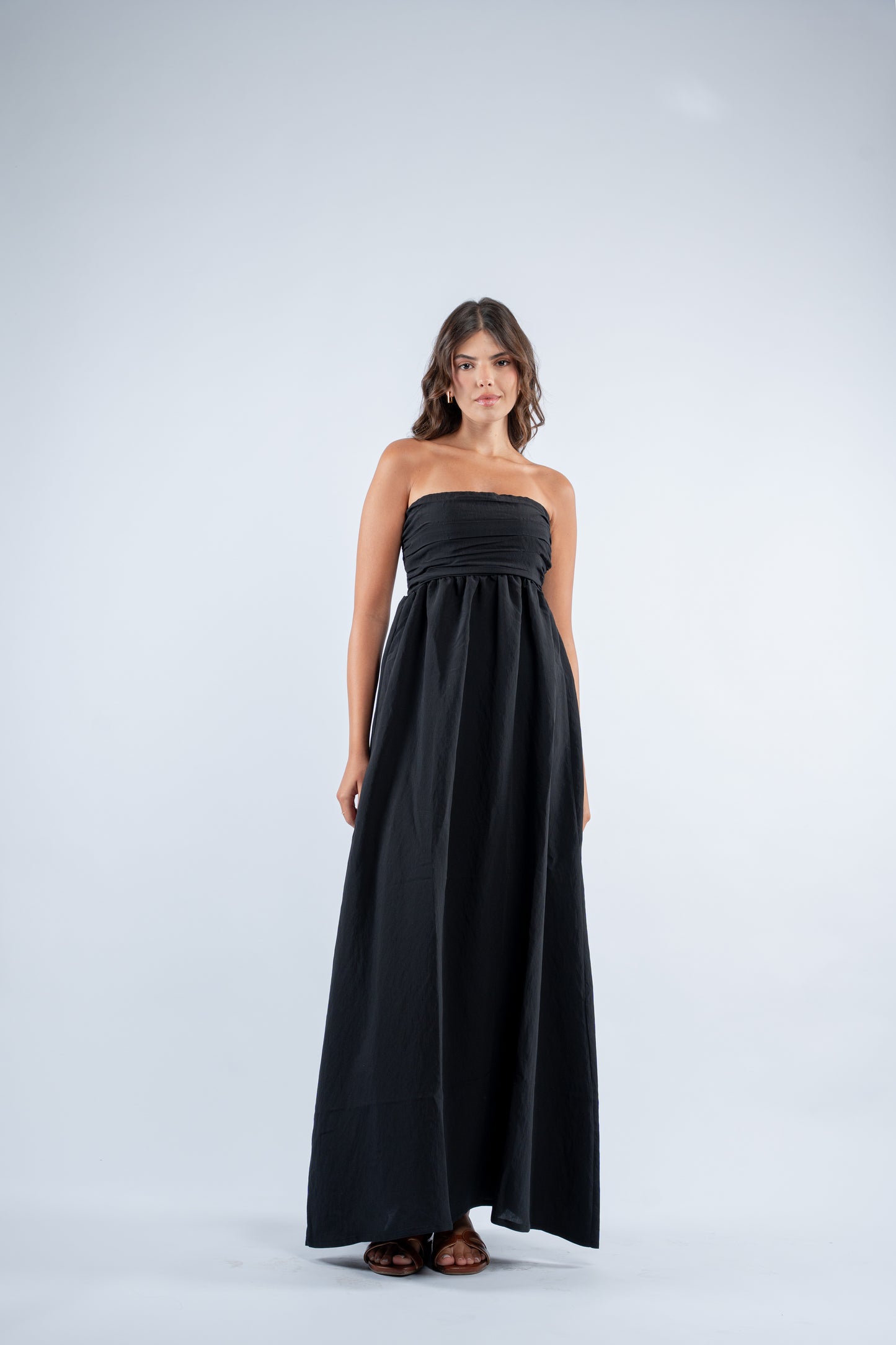 Ruched strapless maxi dress
