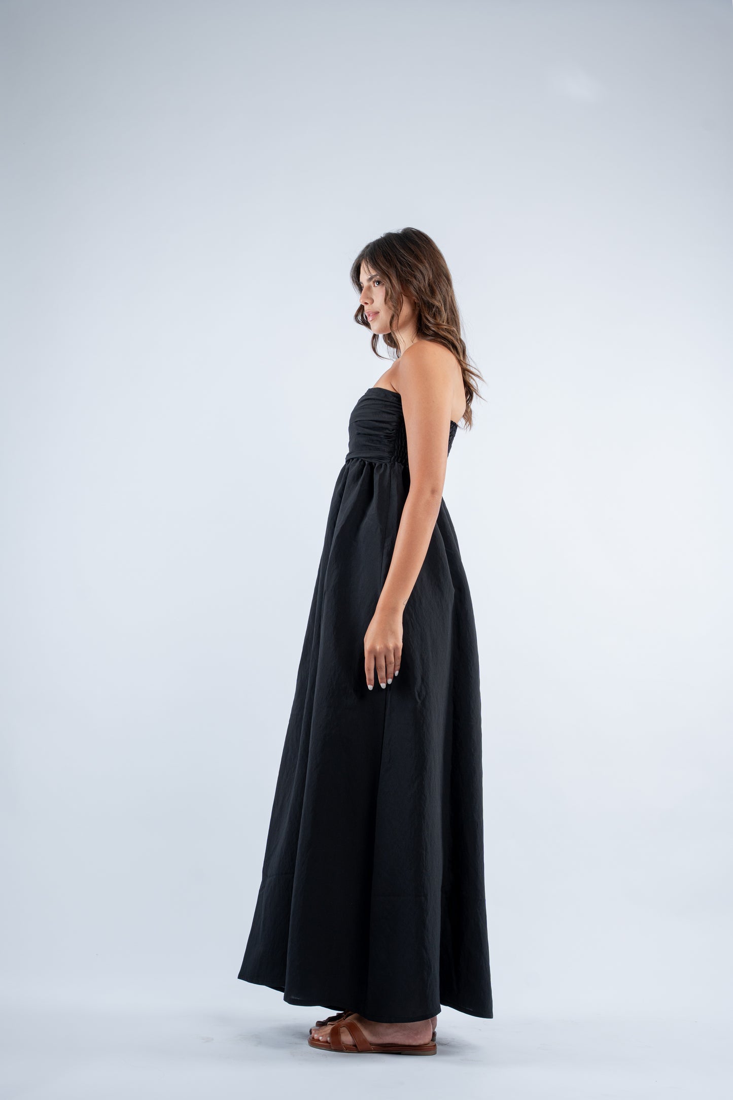 Ruched strapless maxi dress