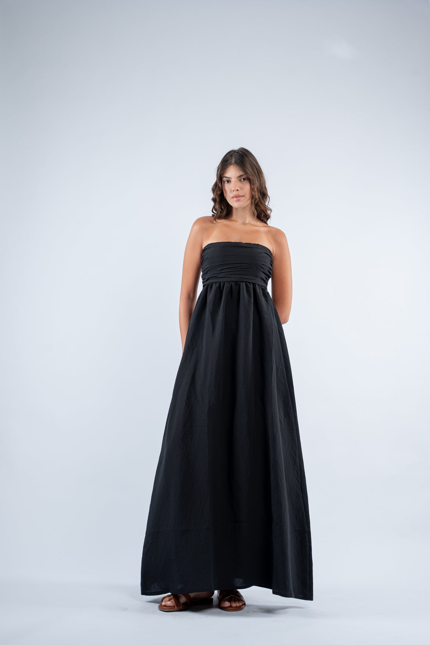 Ruched strapless maxi dress
