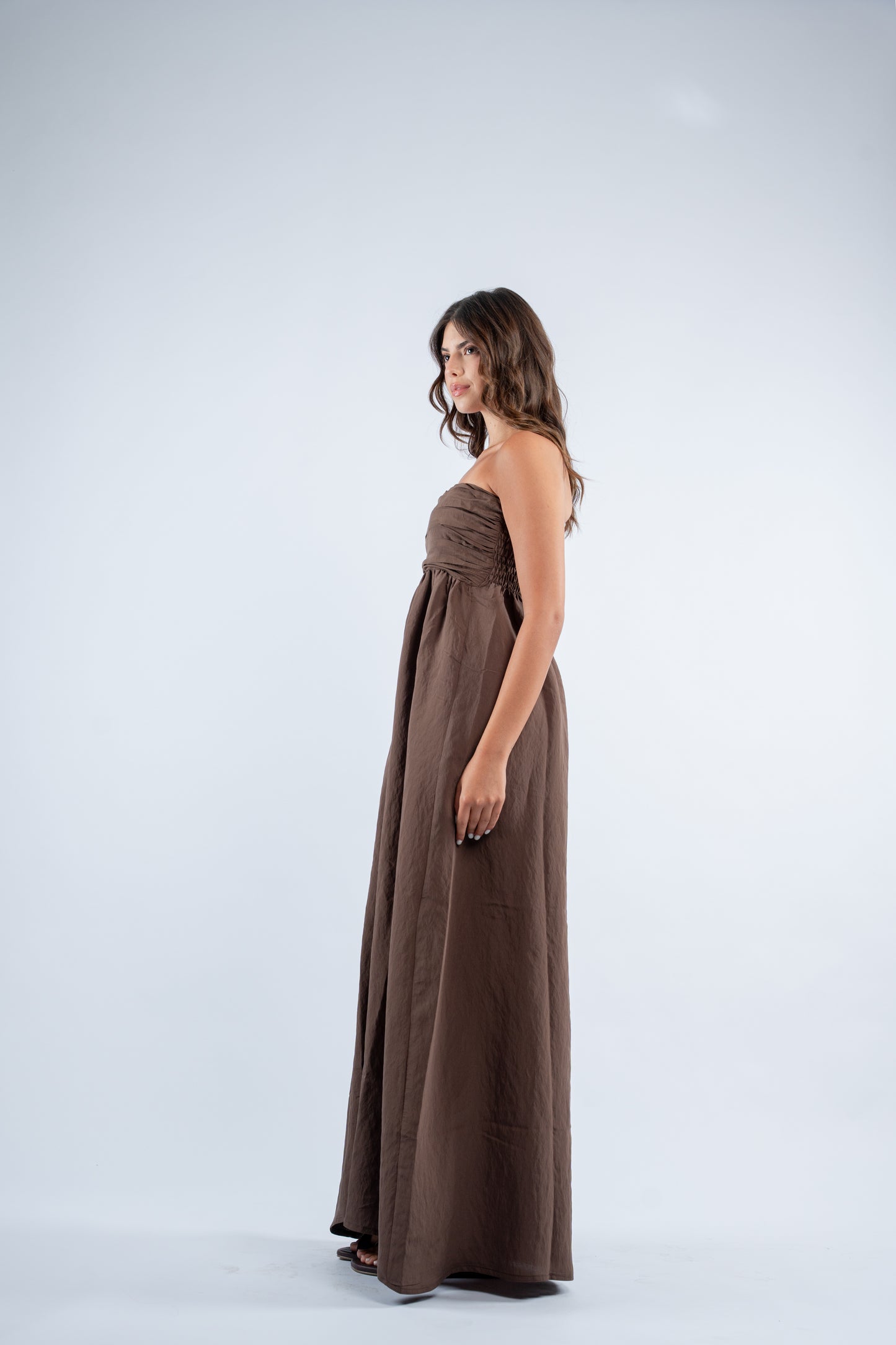 Ruched strapless maxi dress