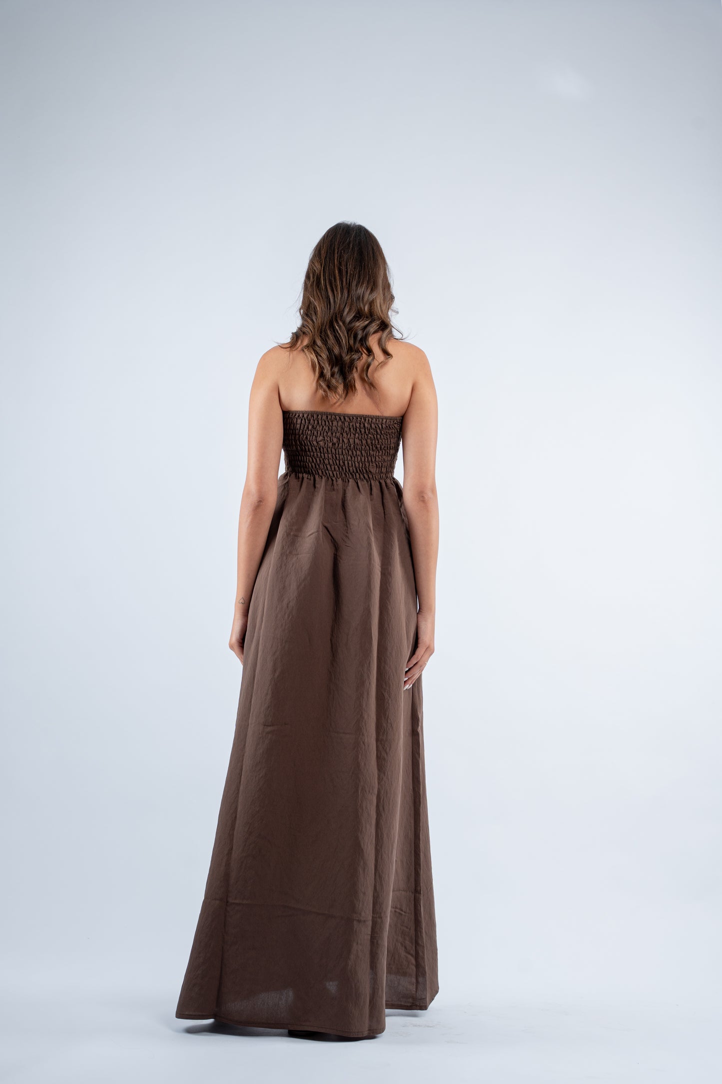 Ruched strapless maxi dress