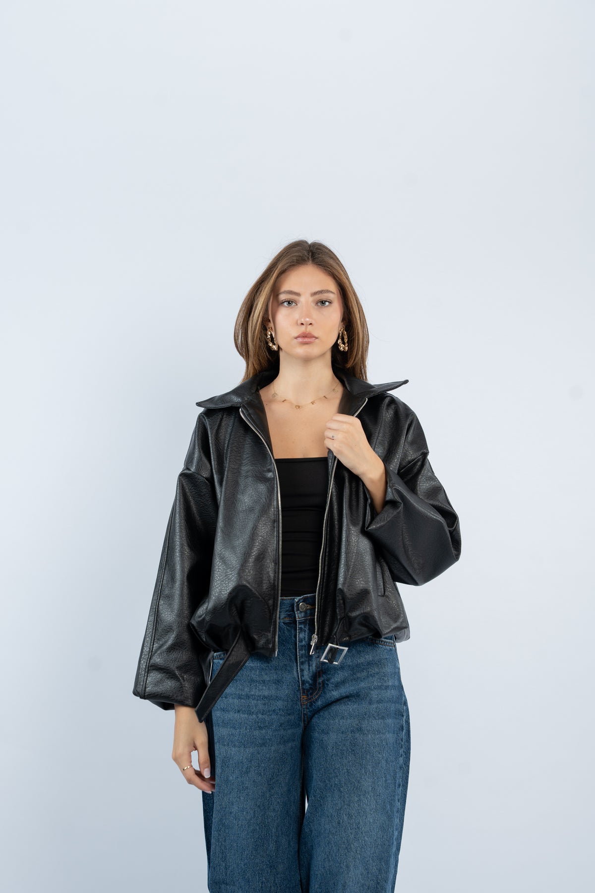 Faux leather belted jacket