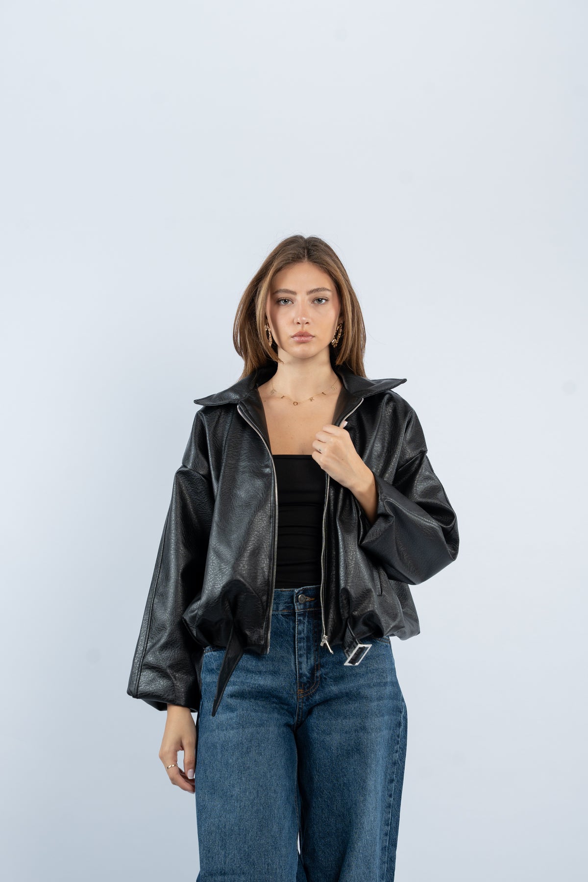 Faux leather belted jacket