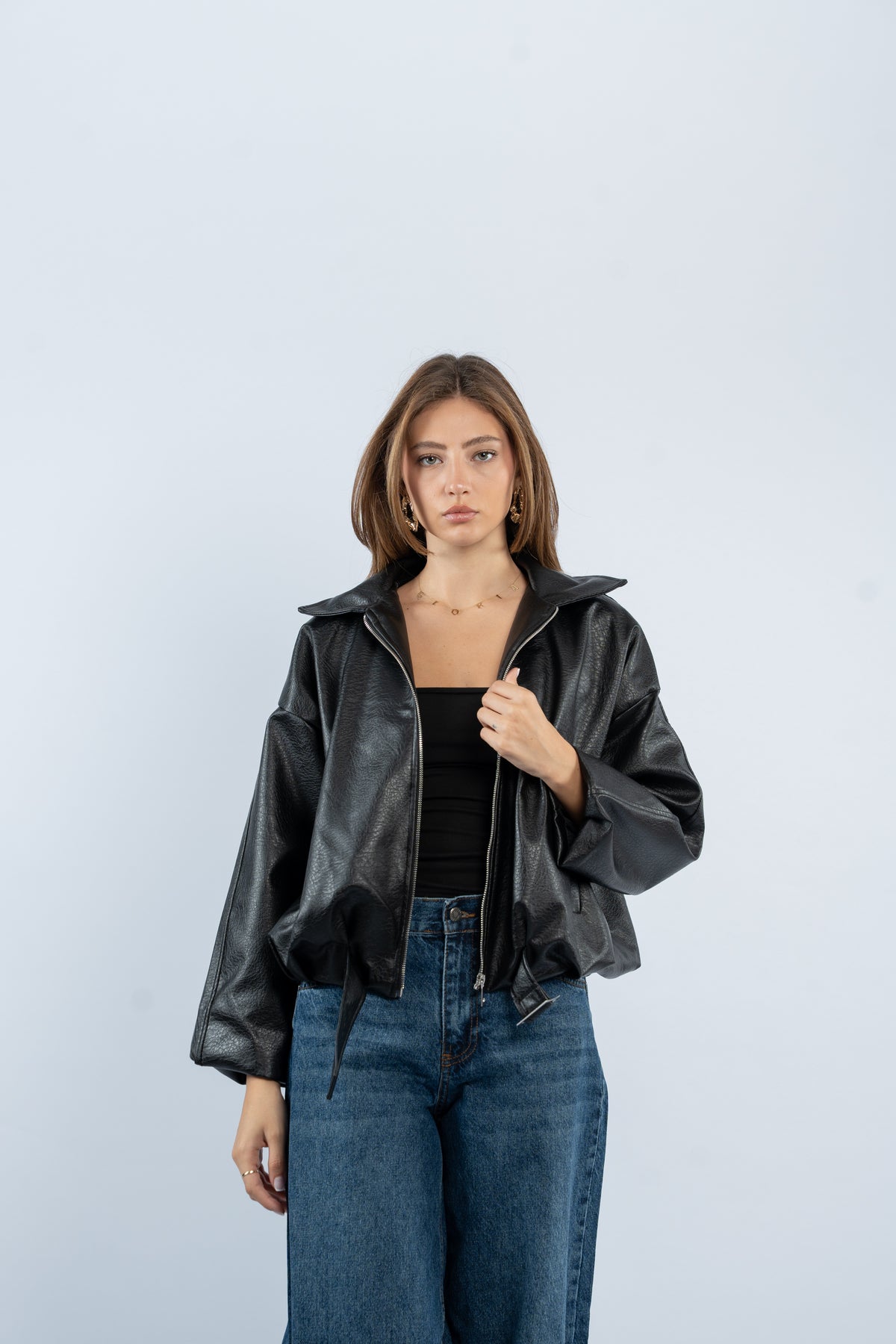 Faux leather belted jacket