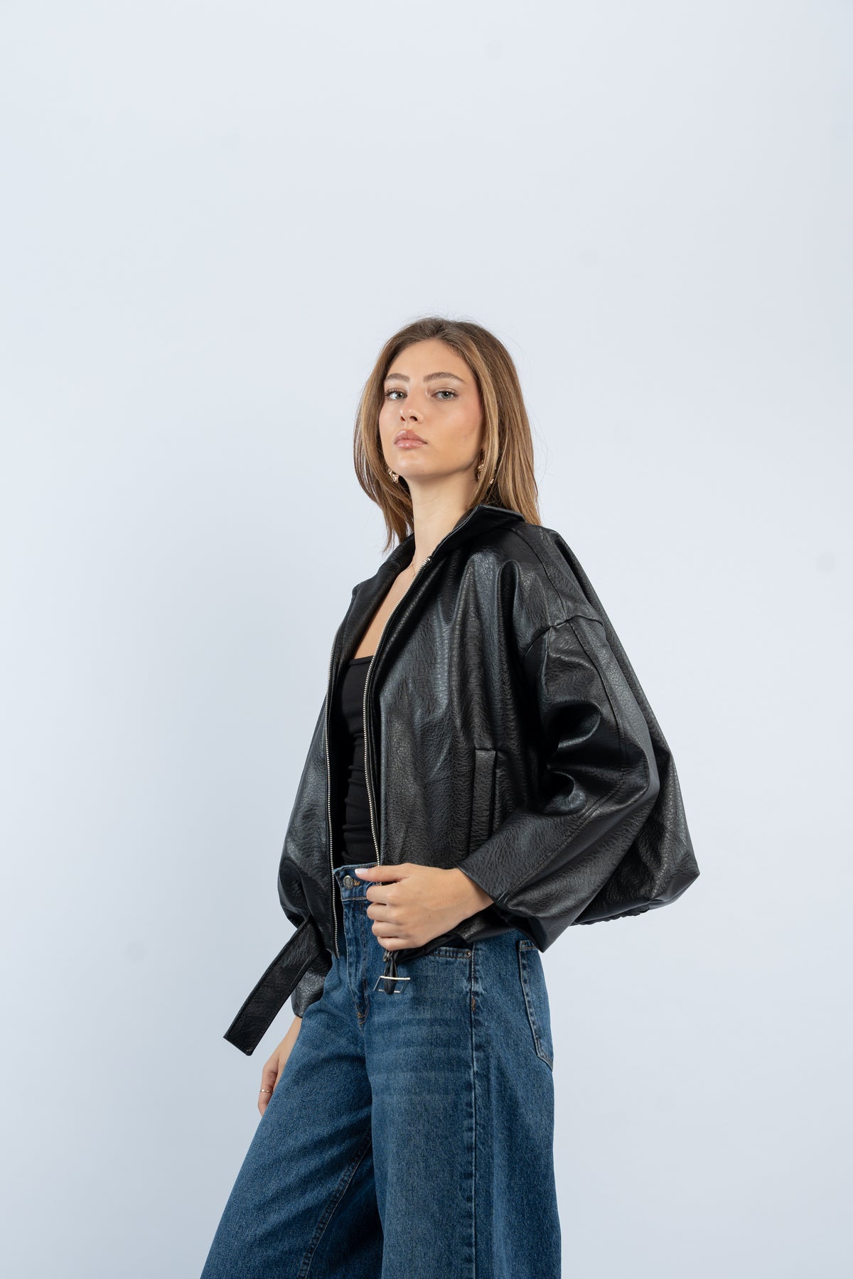 Faux leather belted jacket
