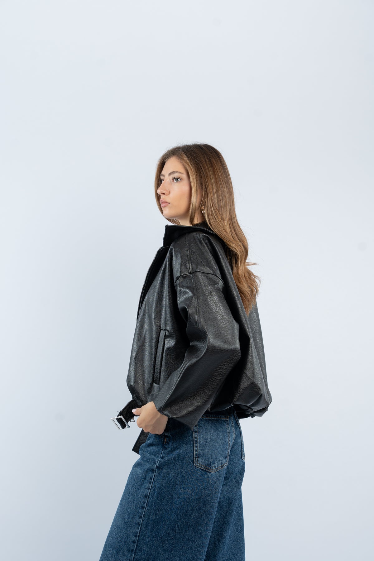 Faux leather belted jacket