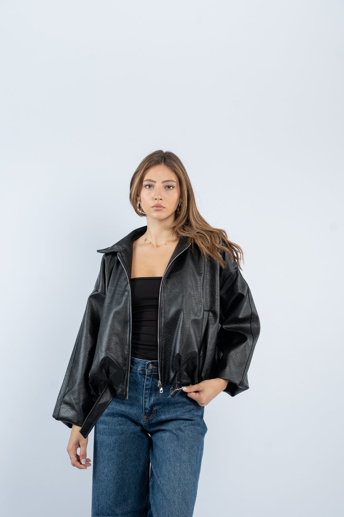 Faux leather belted jacket