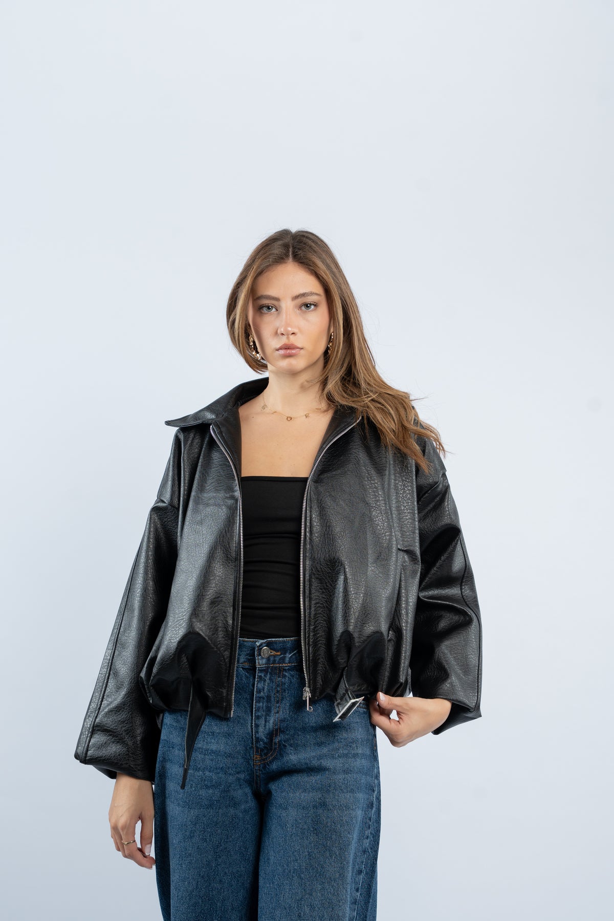 Faux leather belted jacket