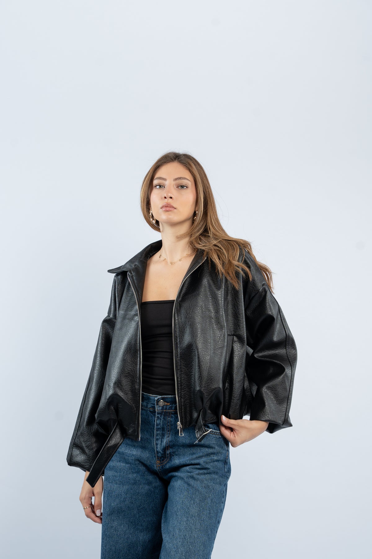 Faux leather belted jacket