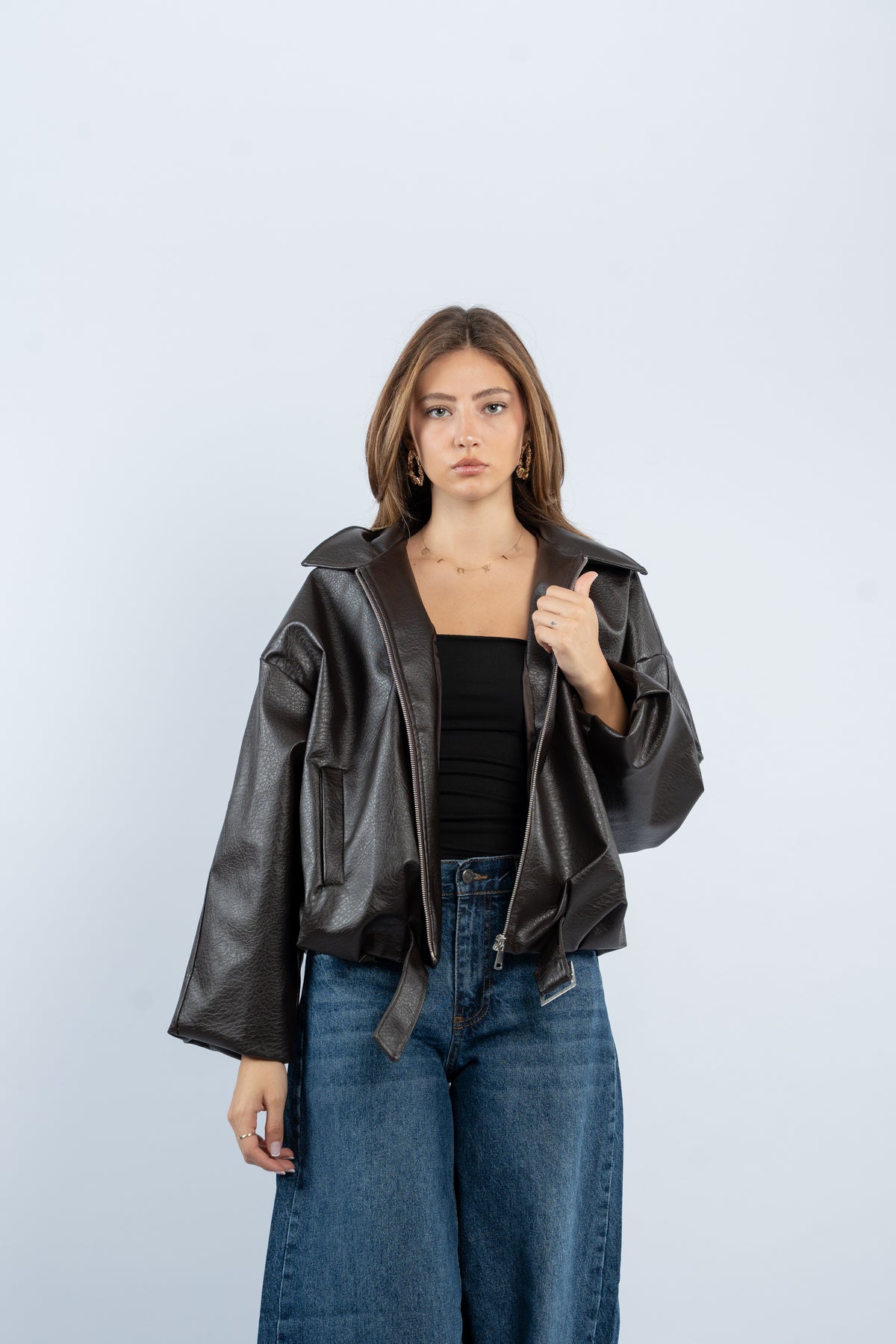 Faux leather belted jacket