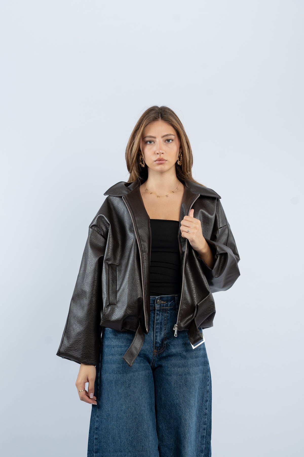 Faux leather belted jacket